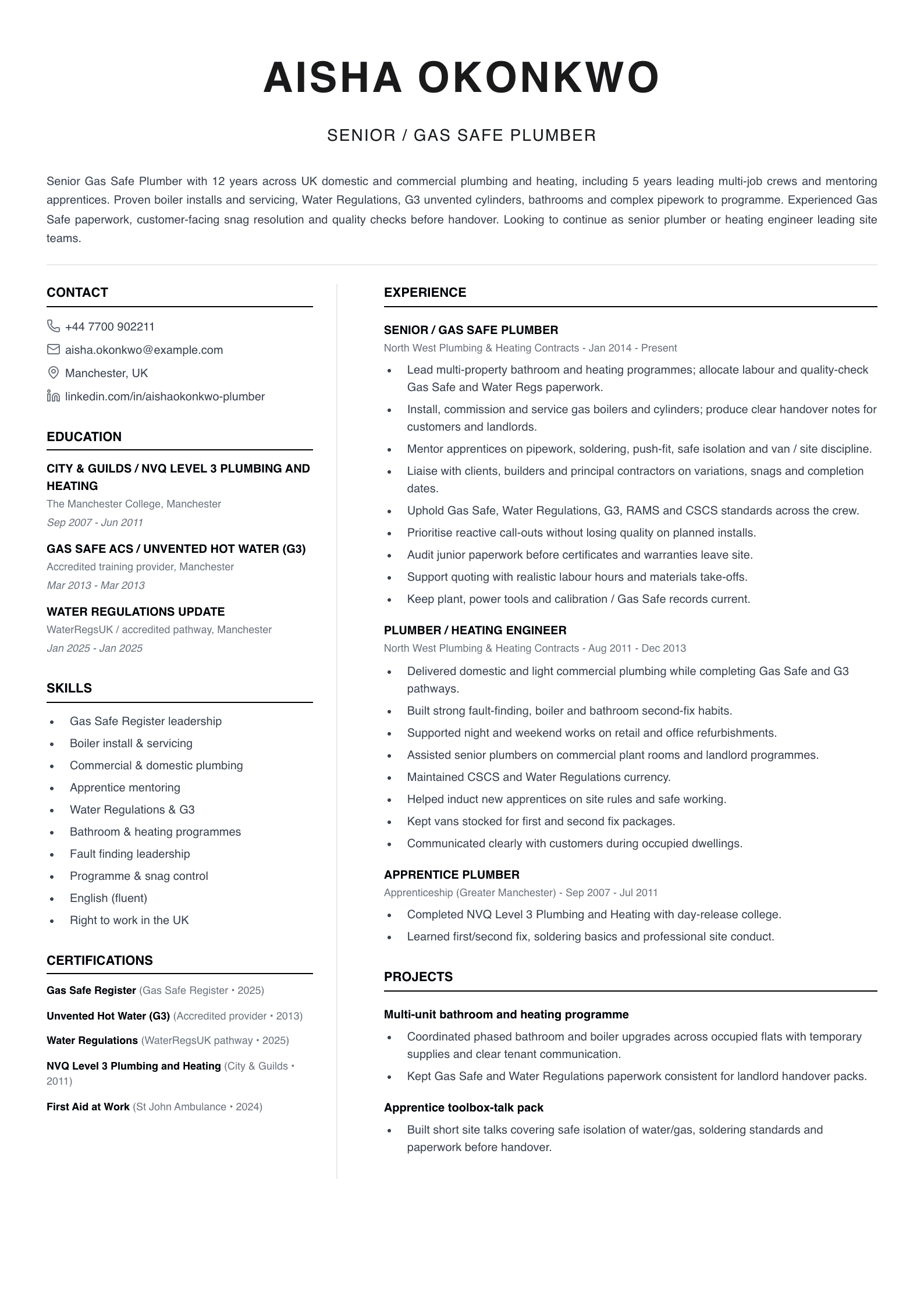 senior gas safe plumber cv template