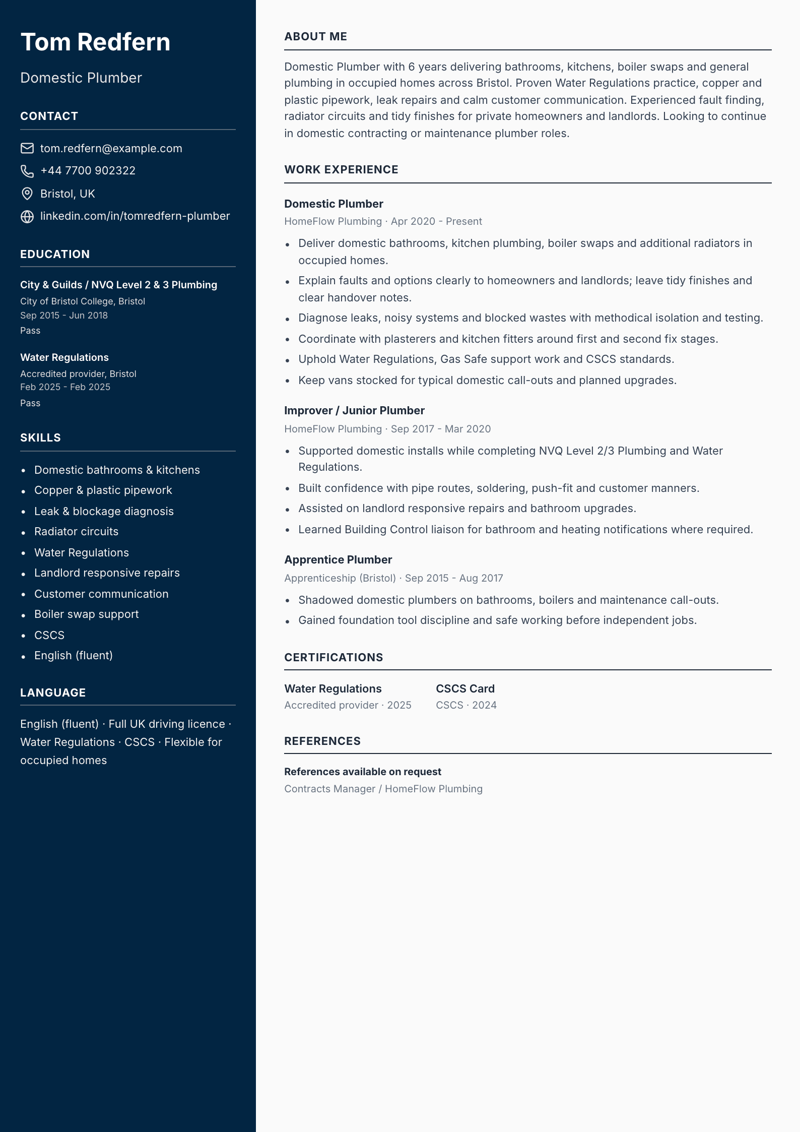 domestic plumber cv template