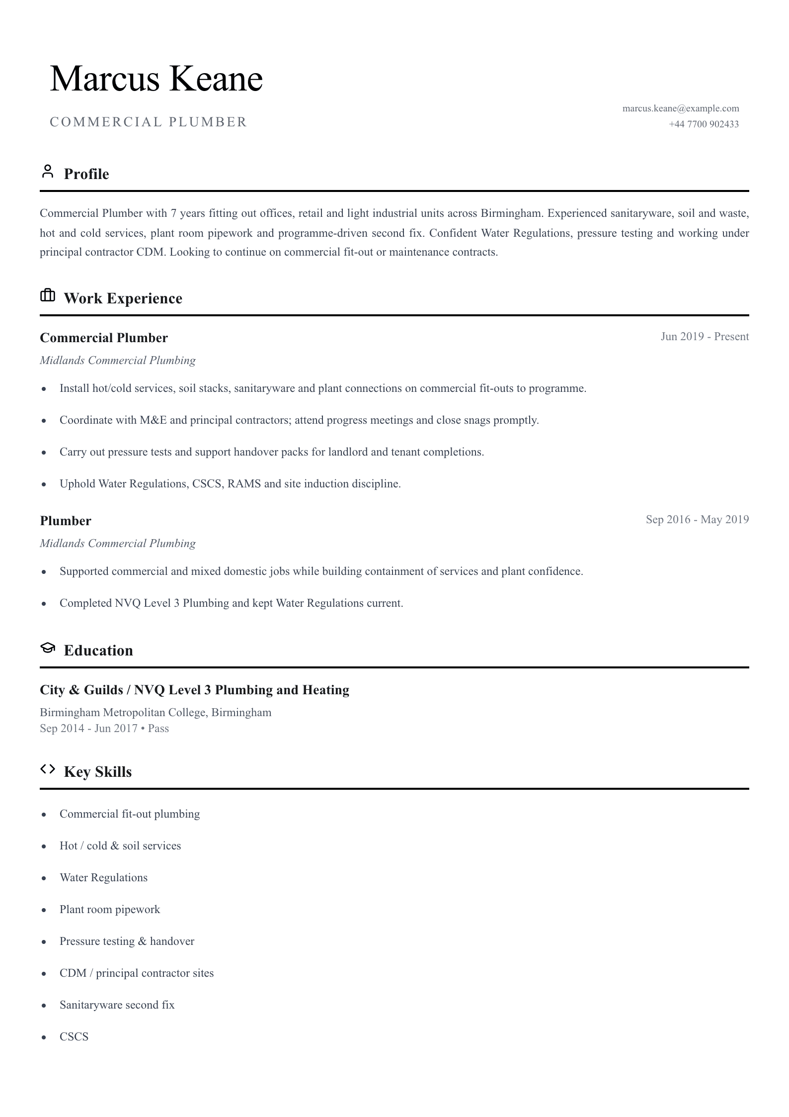 commercial plumber cv template
