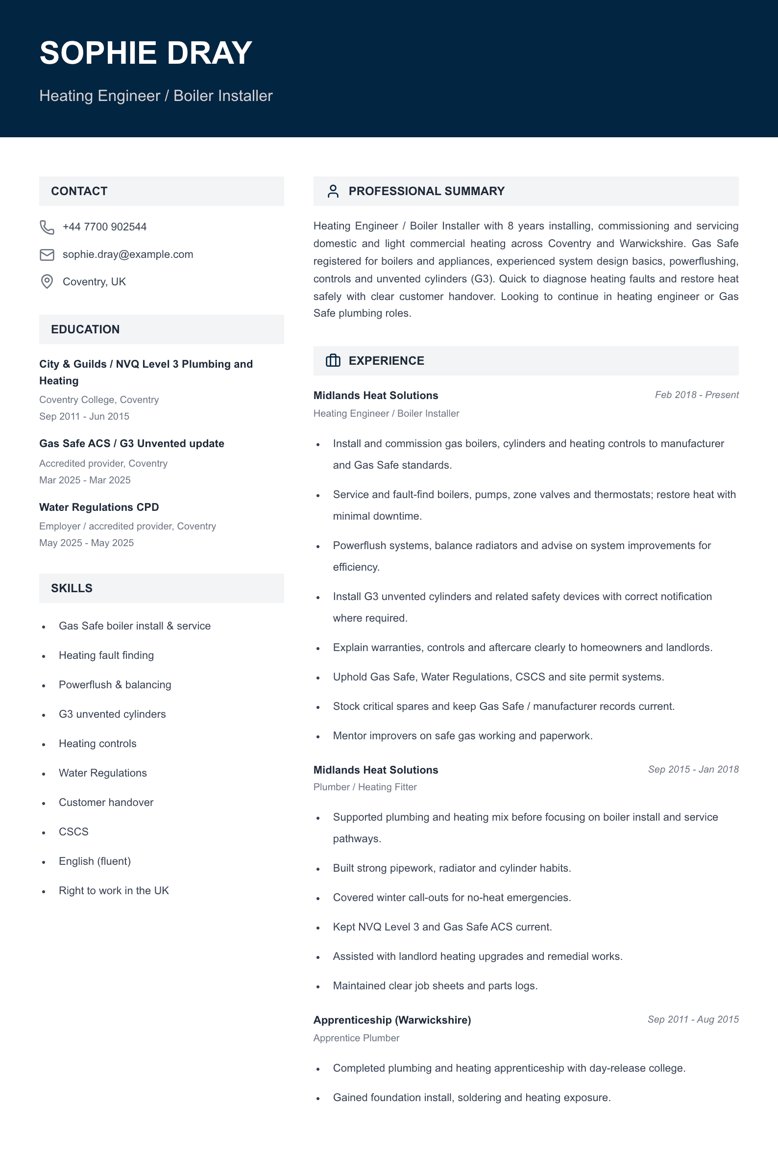 heating engineer boiler installer cv template