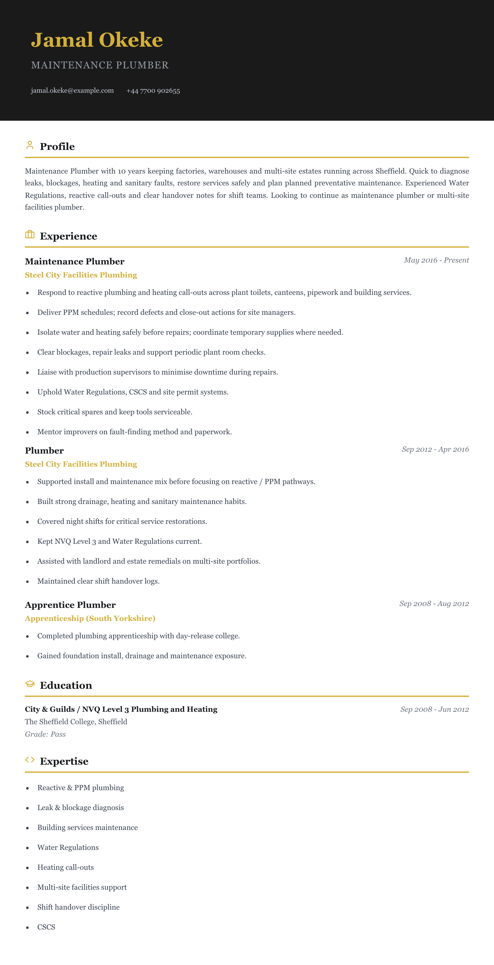 maintenance plumber cv template