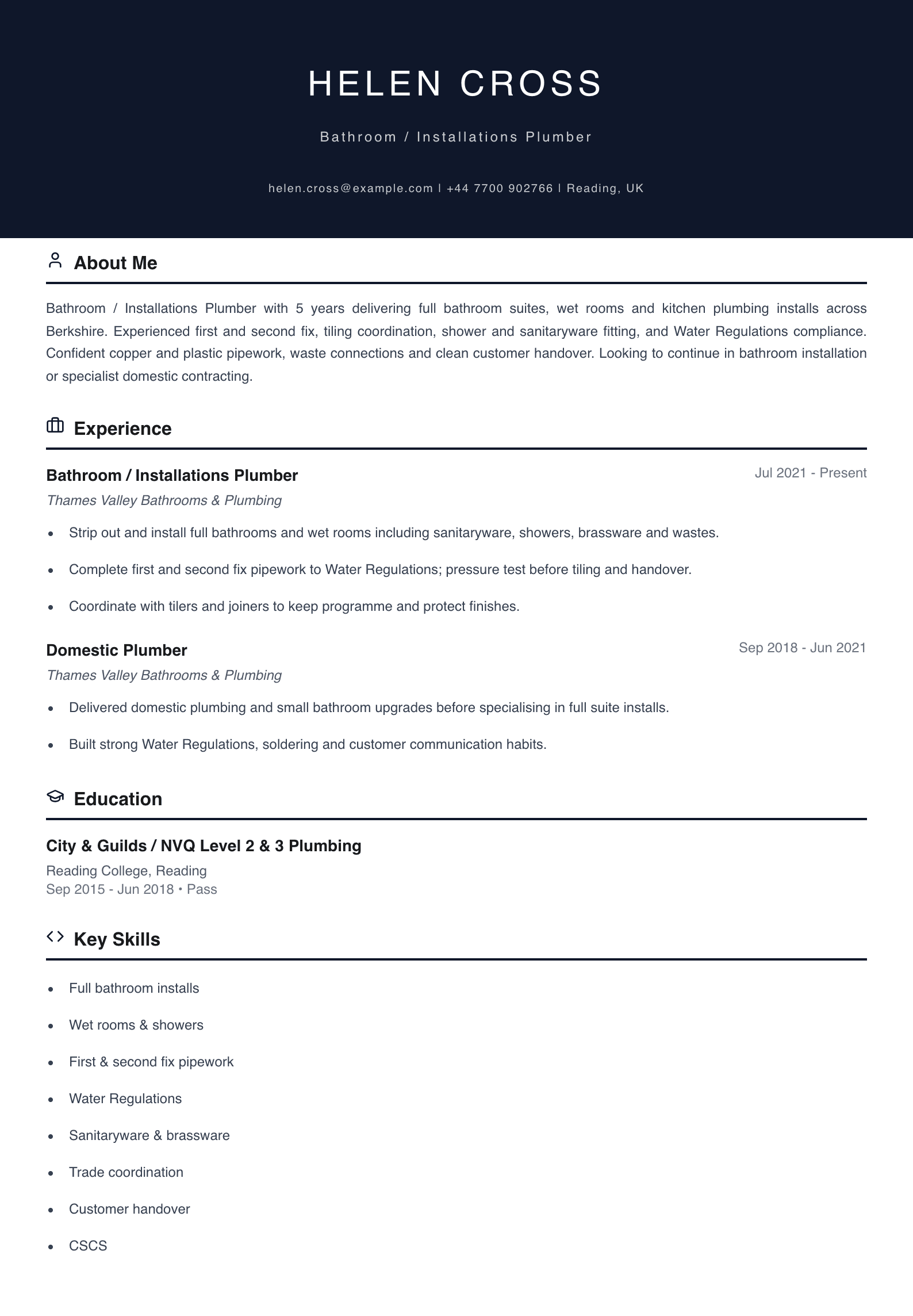 bathroom installations plumber cv template