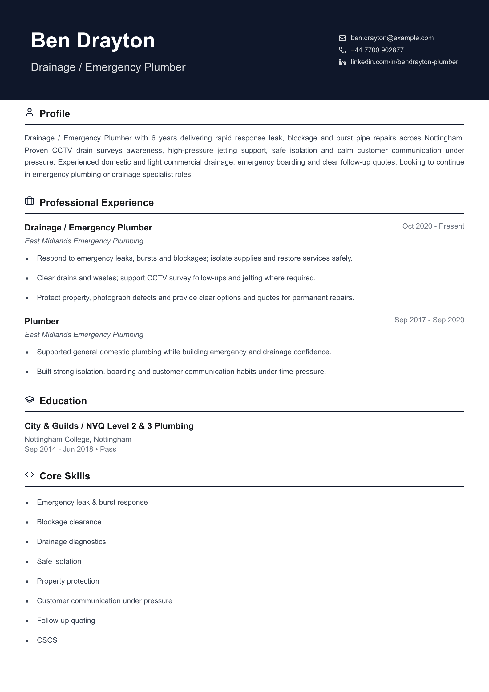 drainage emergency plumber cv template