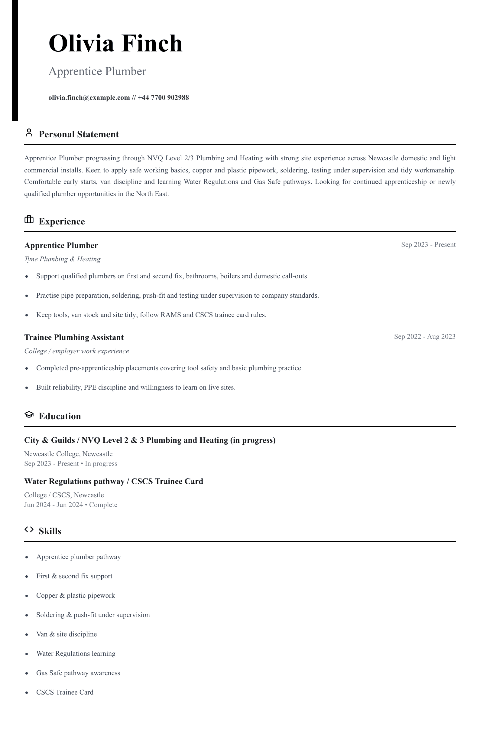 apprentice plumber cv template