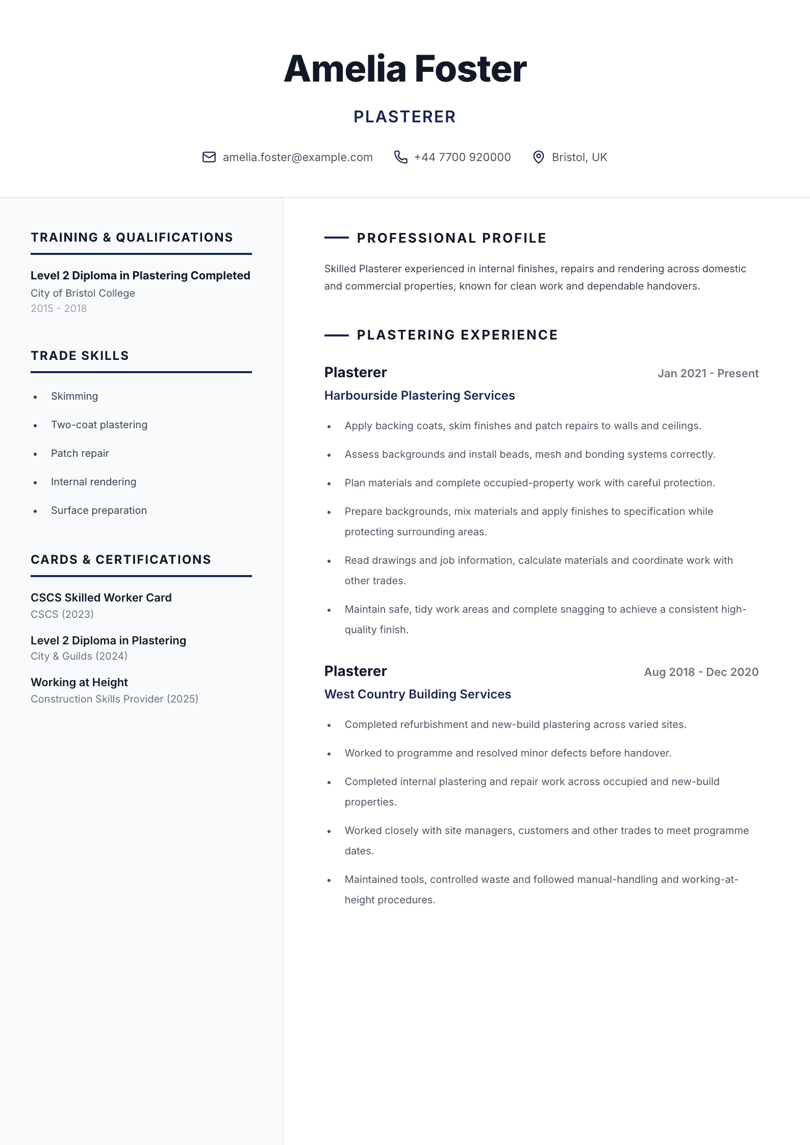 Plasterer CV