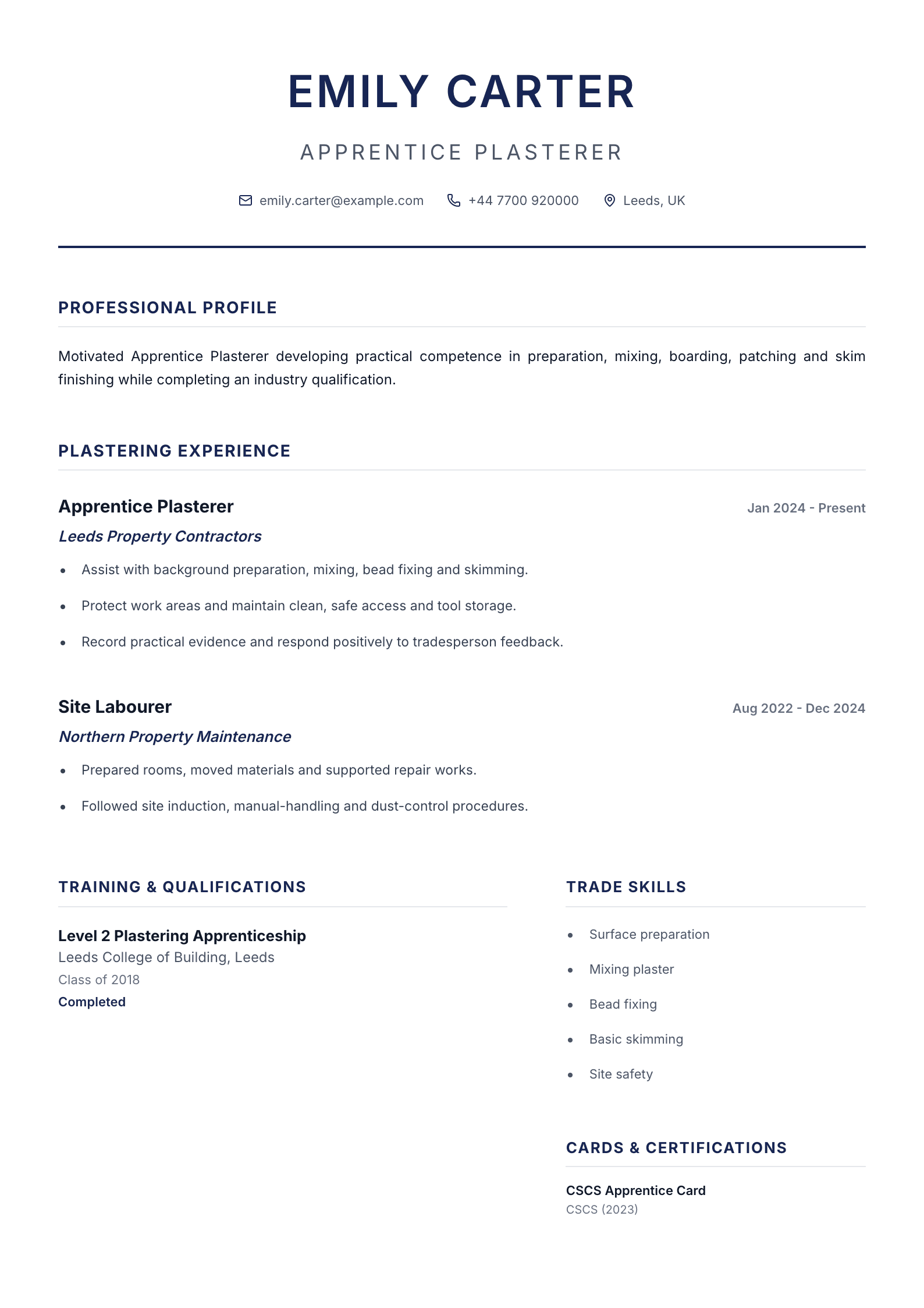 Apprentice Plasterer CV template