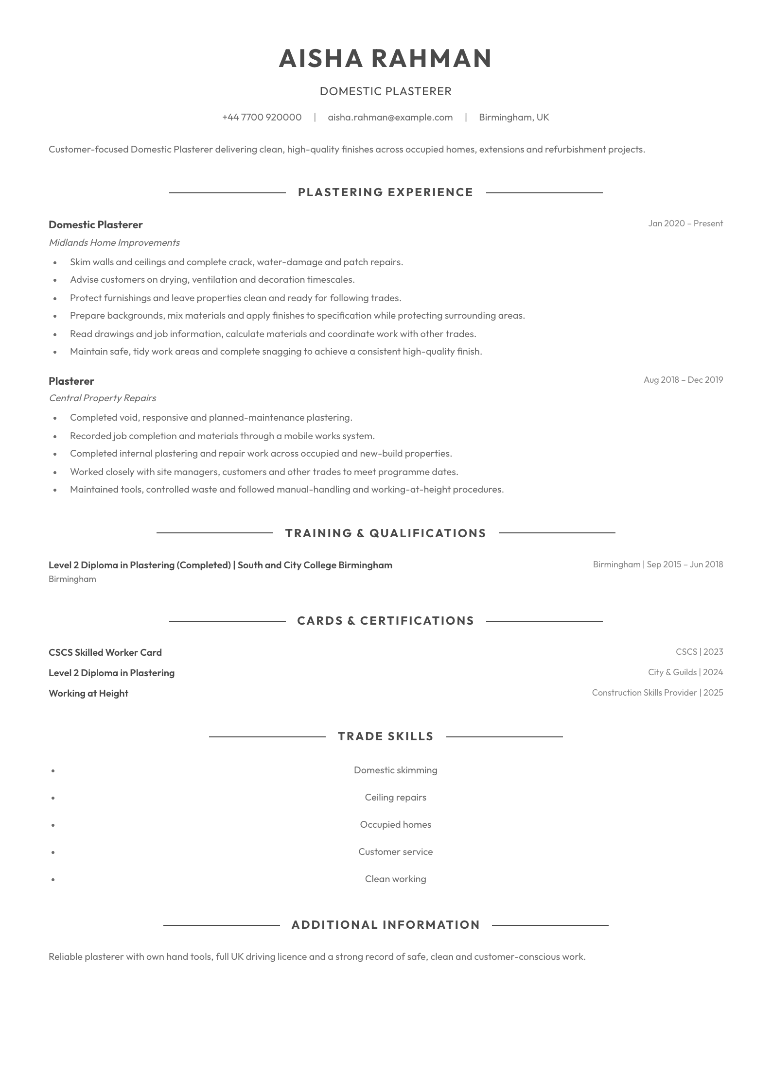 Domestic Plasterer CV template