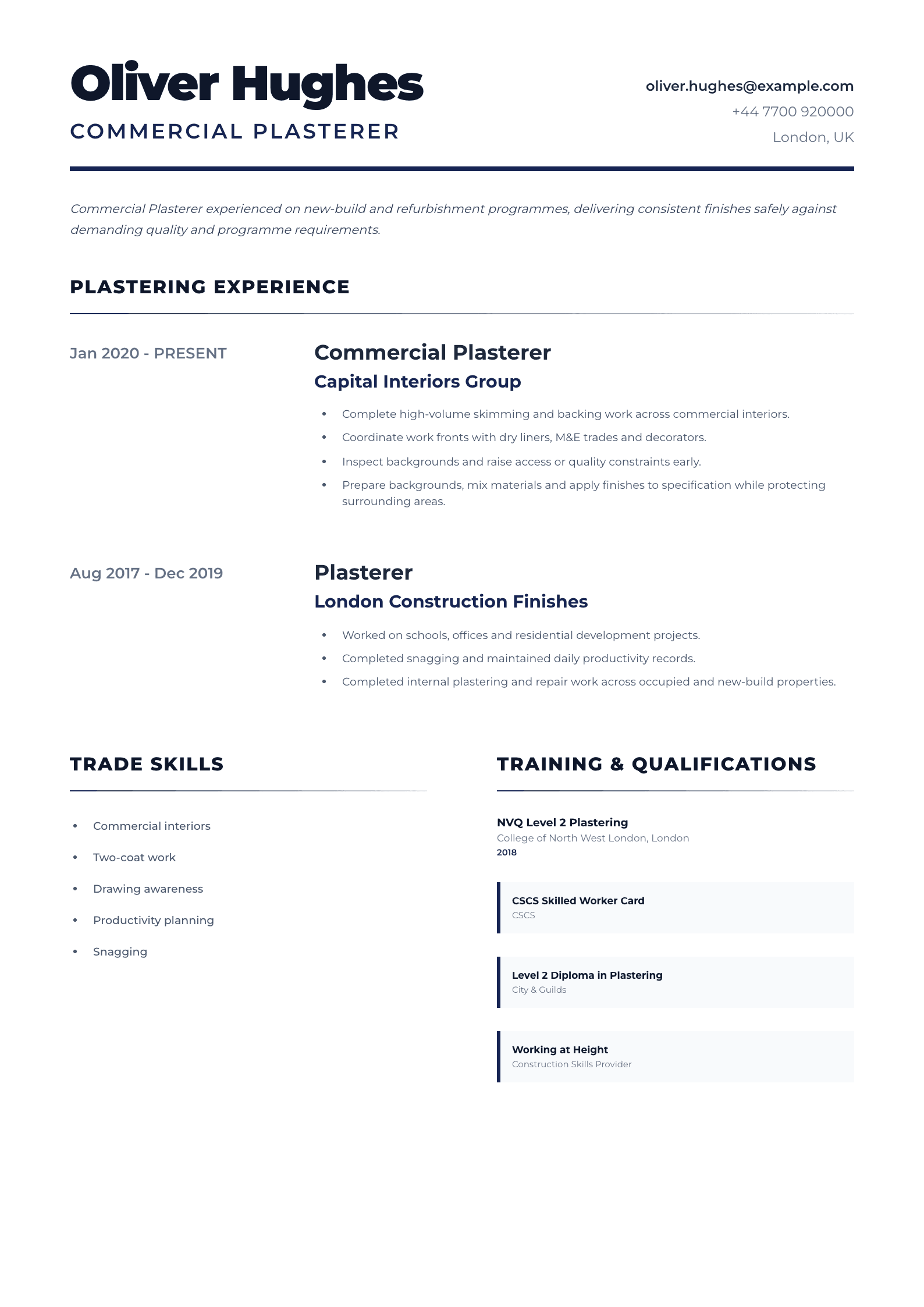Commercial Plasterer CV template