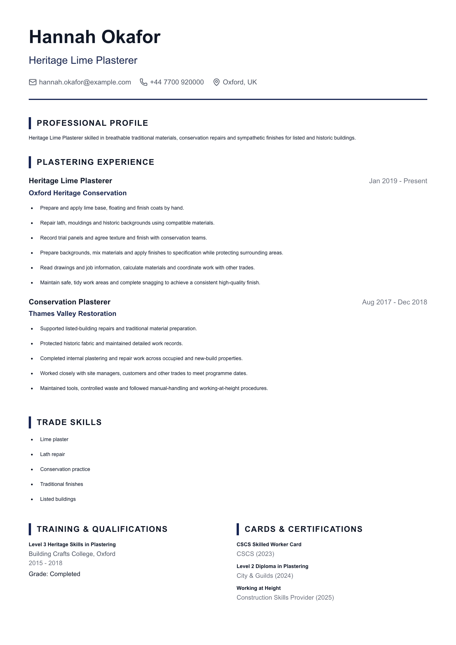 Heritage Lime Plasterer CV template