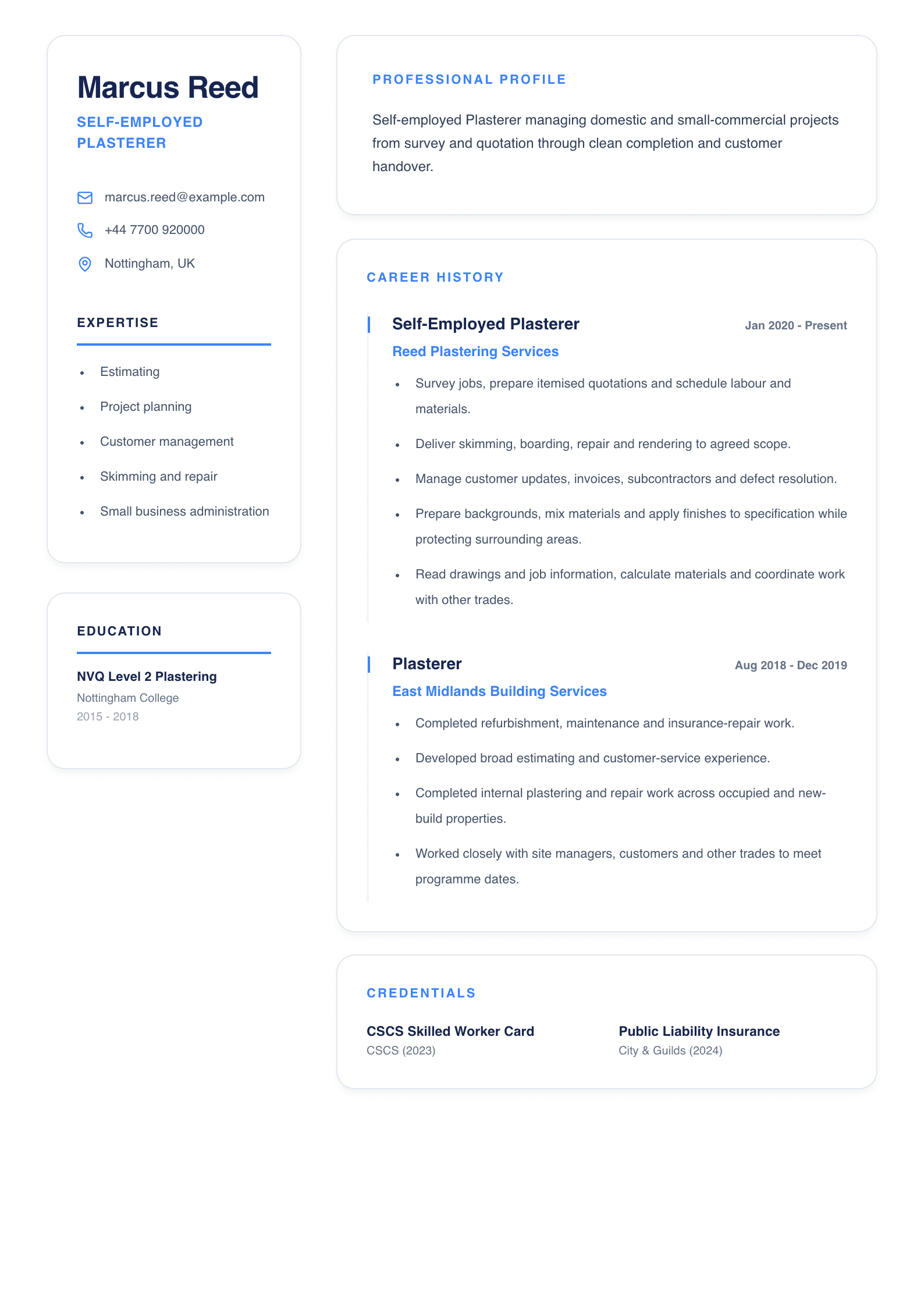 Self-Employed Plasterer CV template
