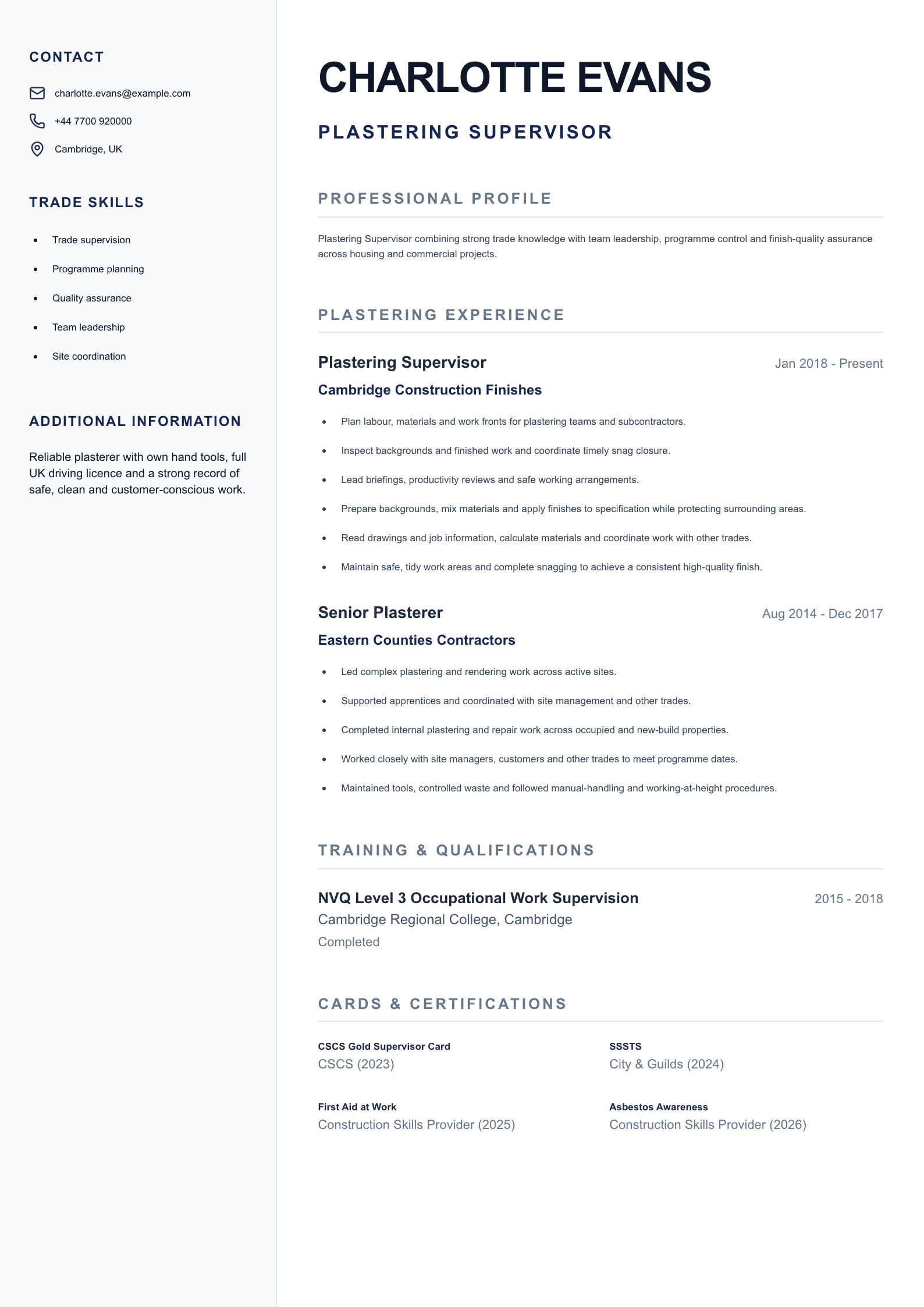Plastering Supervisor CV template