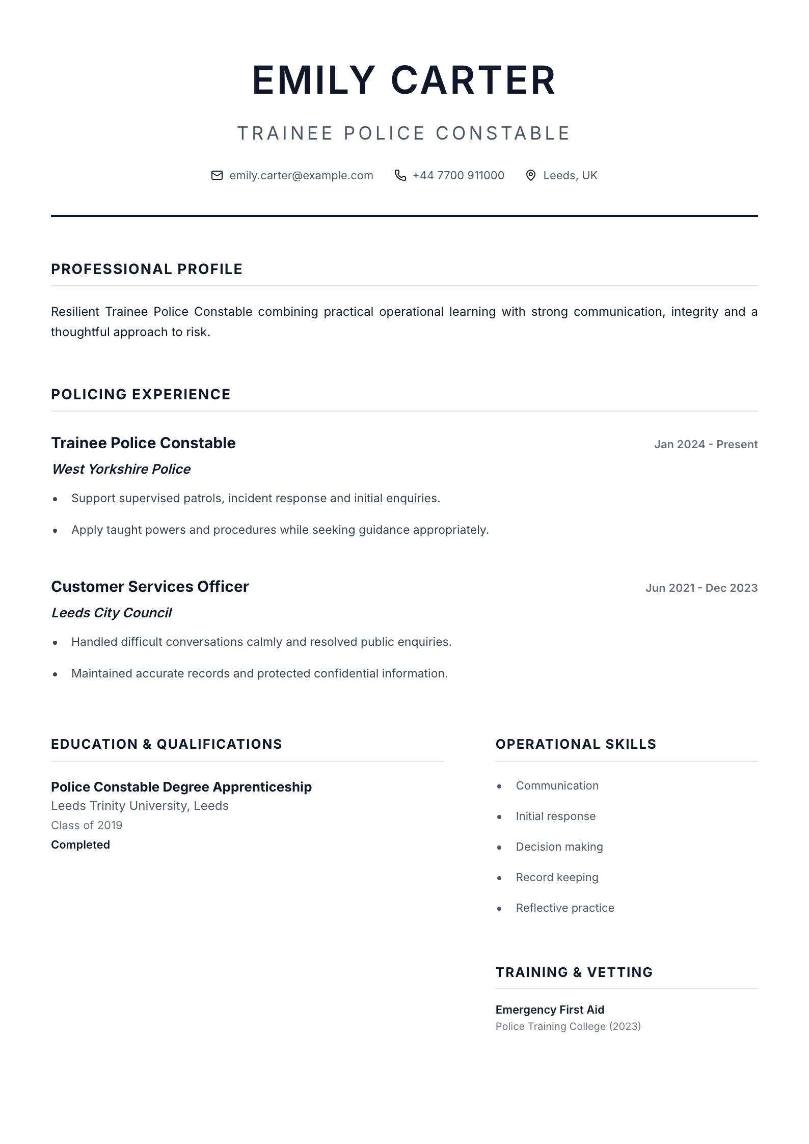 Trainee Police Constable CV template