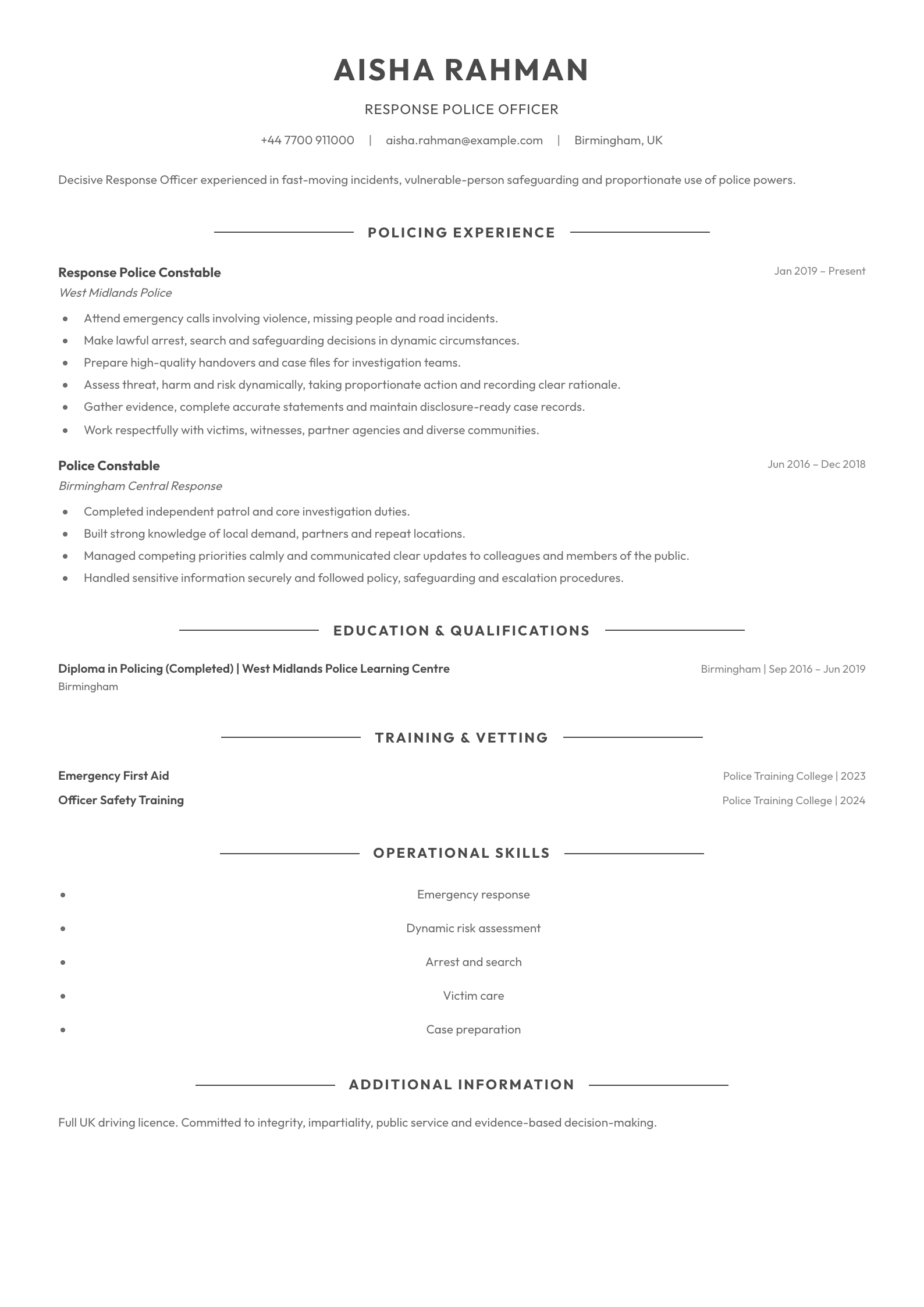 Response Police Officer CV template