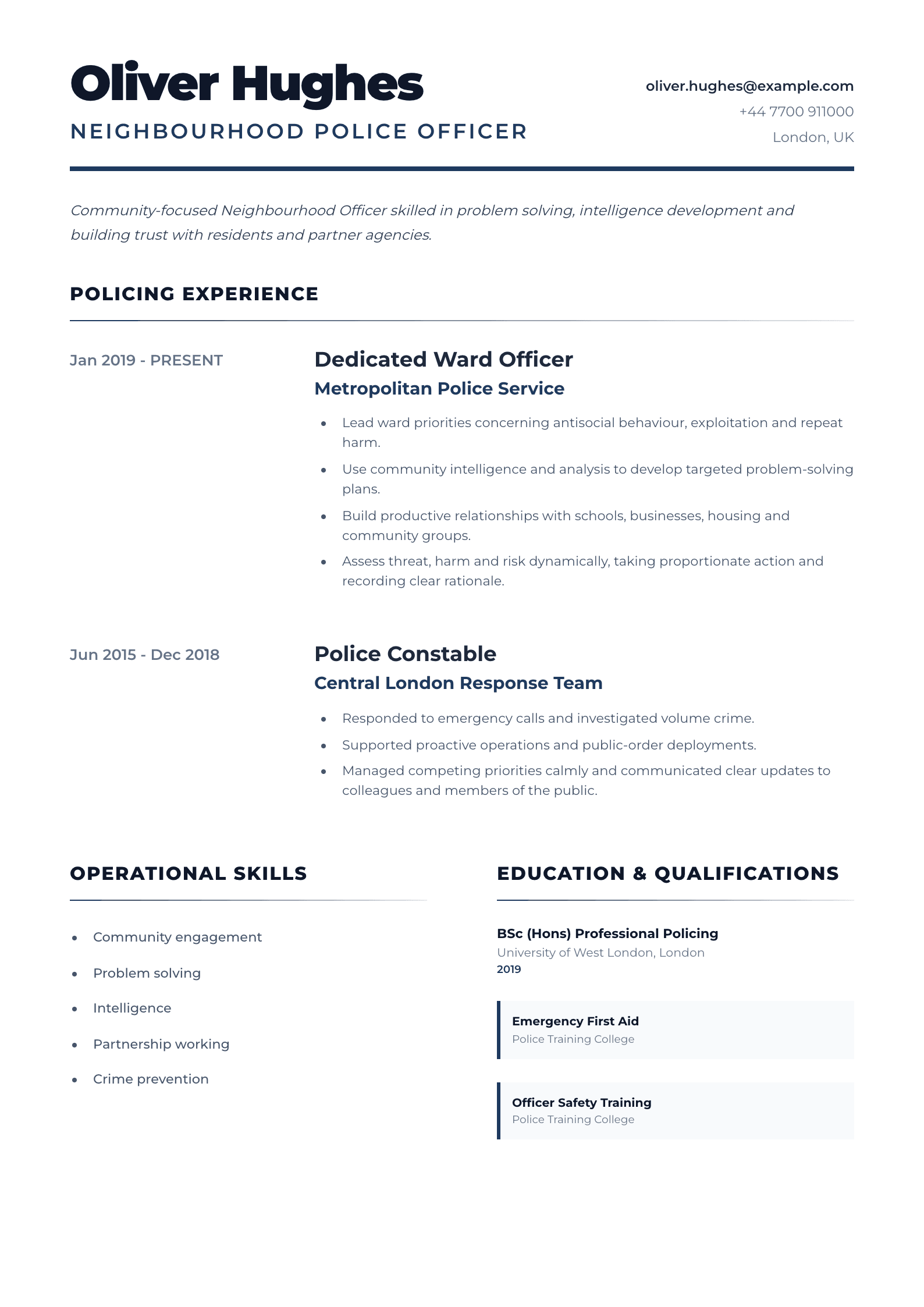 Neighbourhood Police Officer CV template
