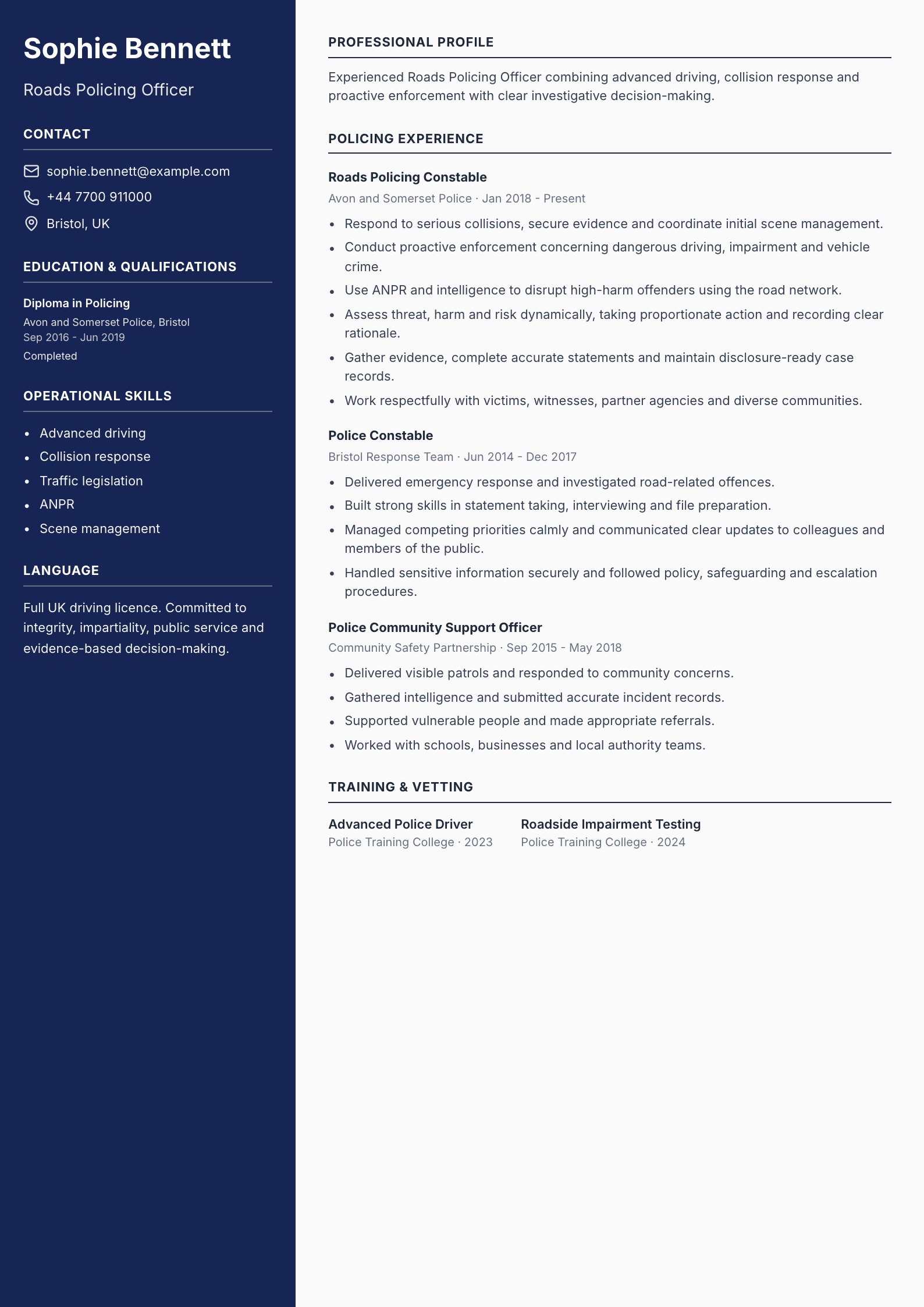 Roads Policing Officer CV template