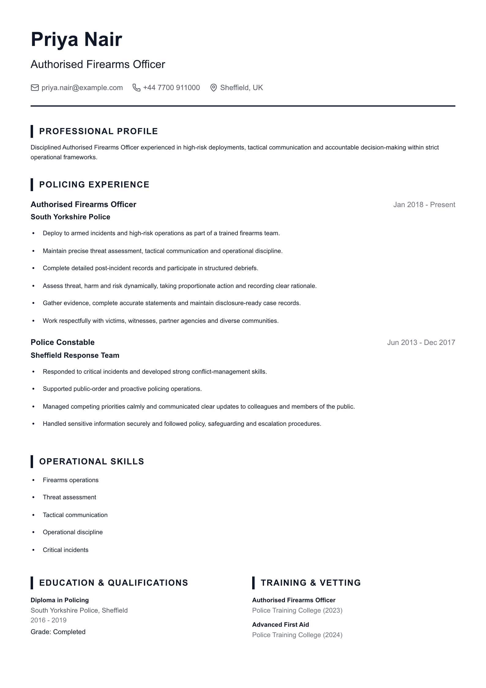 Authorised Firearms Officer CV template
