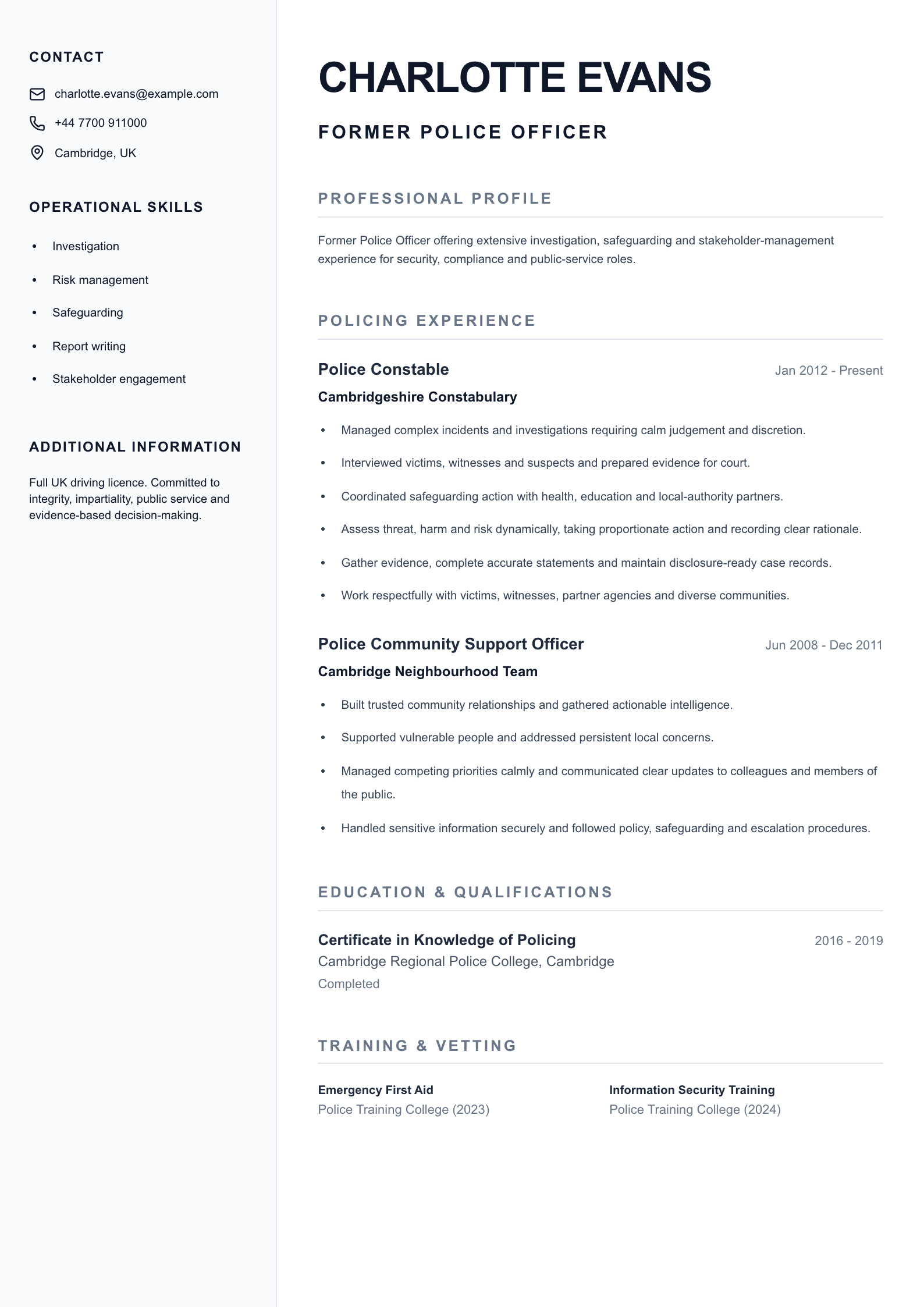 Former Police Officer CV template