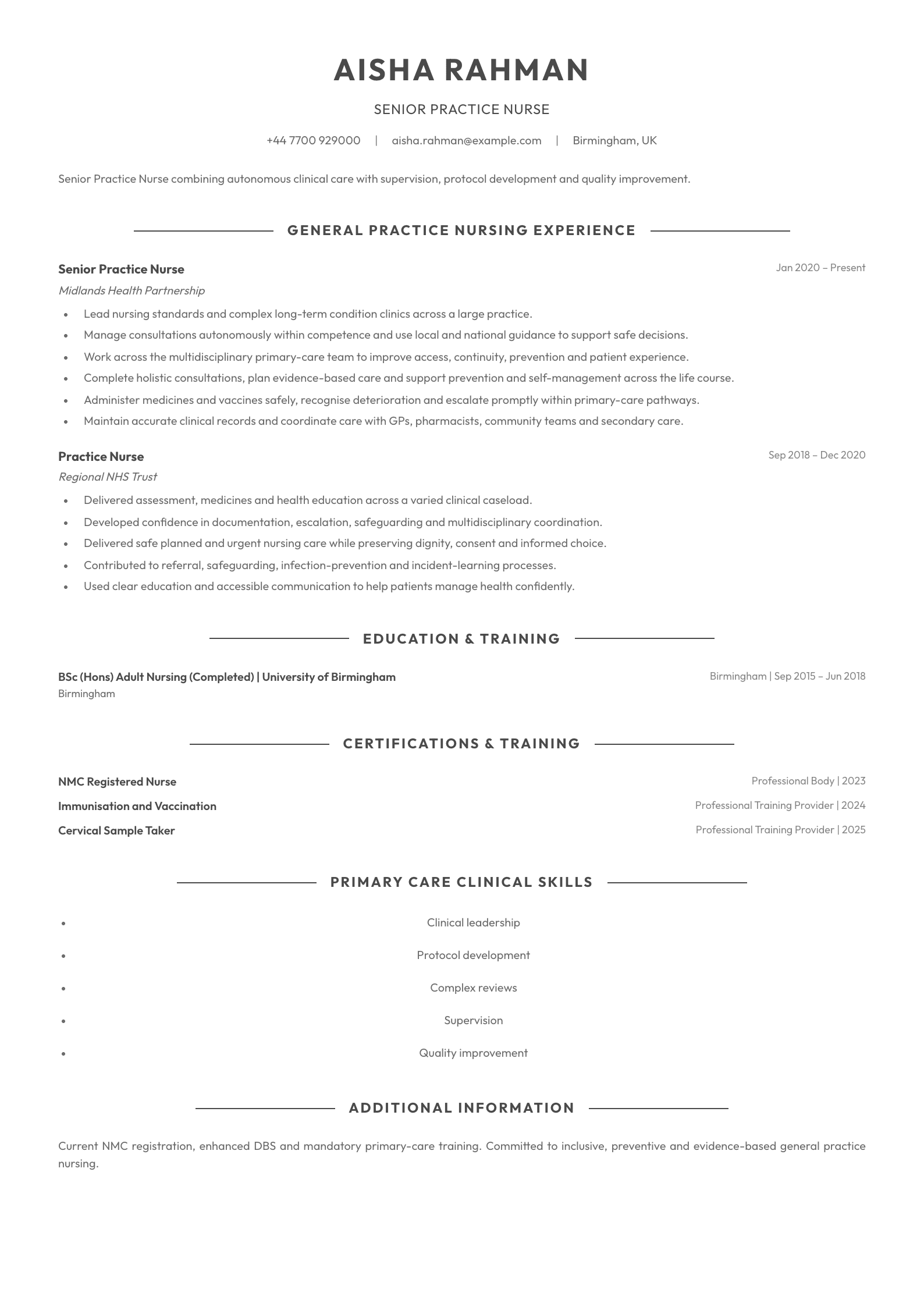 Senior Practice Nurse CV template