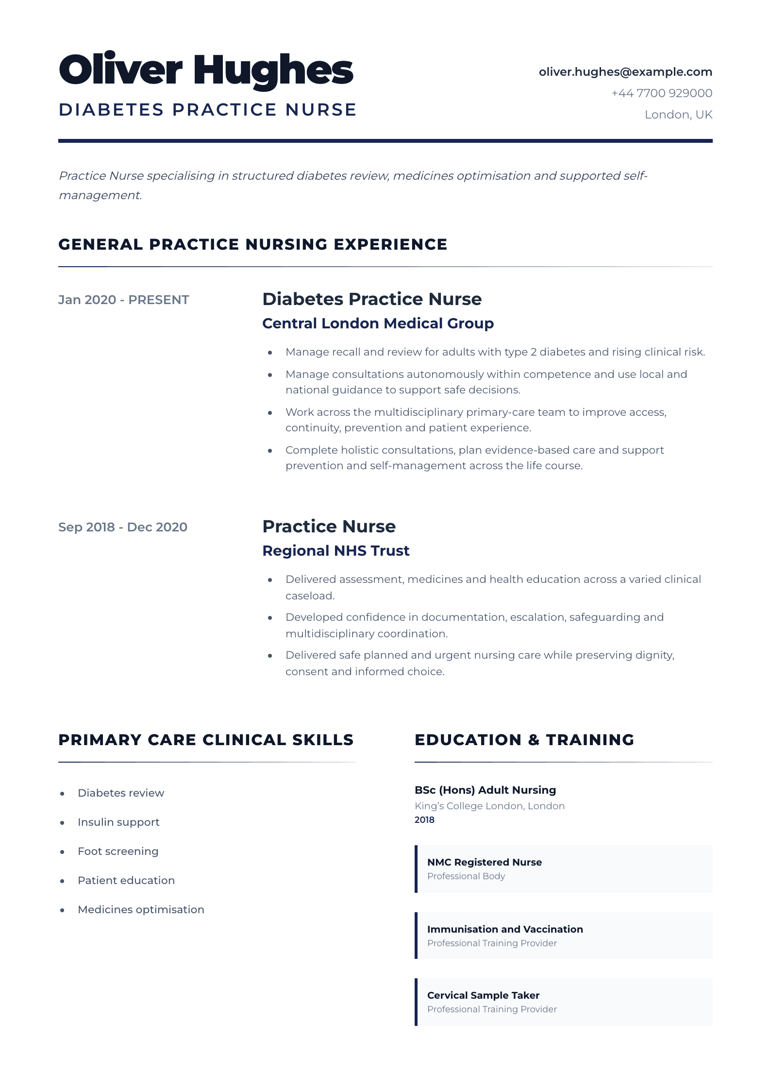 Diabetes Practice Nurse CV template