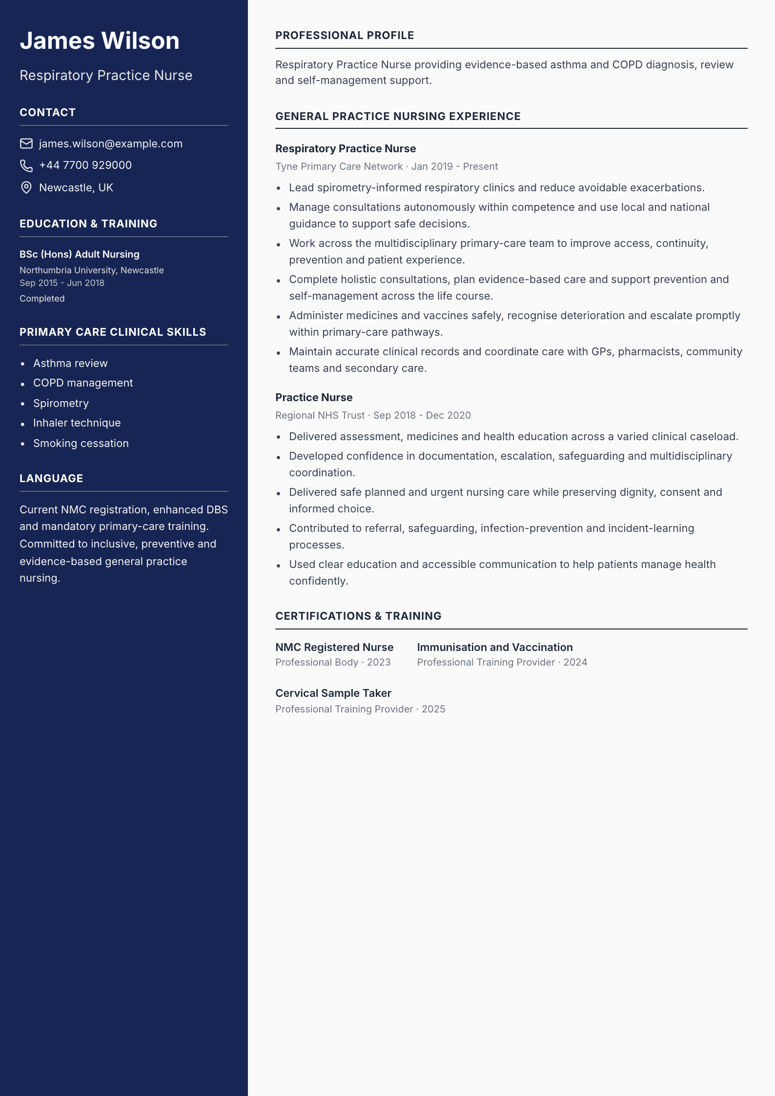 Respiratory Practice Nurse CV template