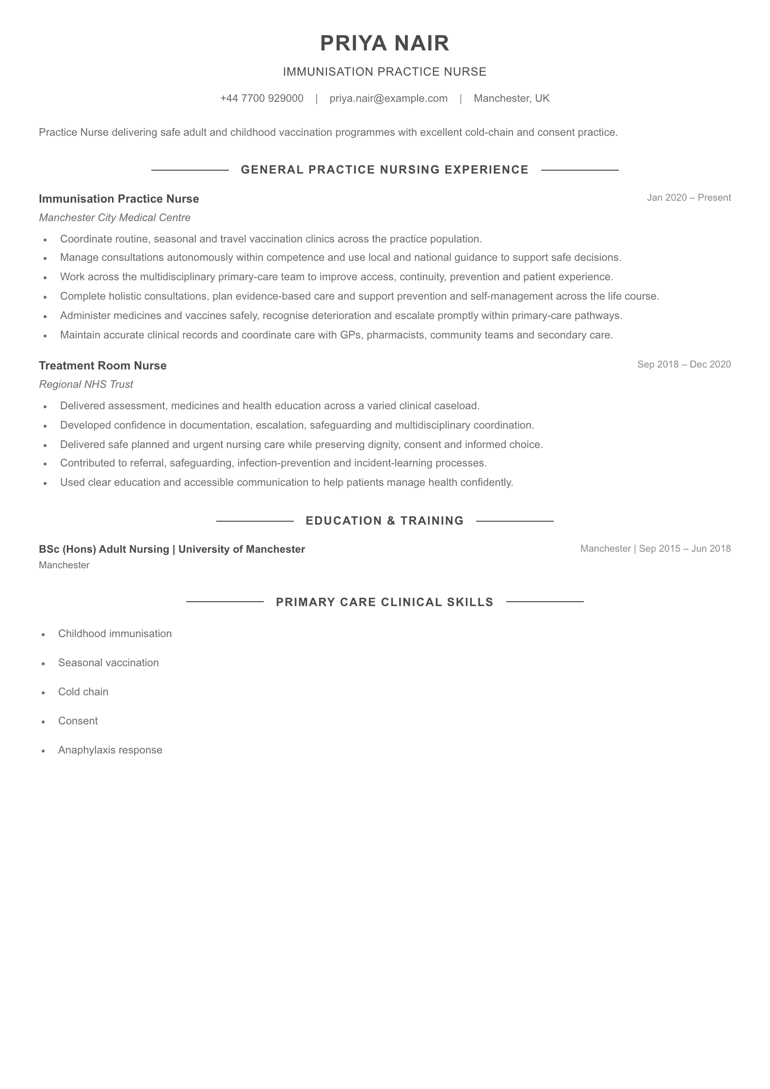 Immunisation Practice Nurse CV template