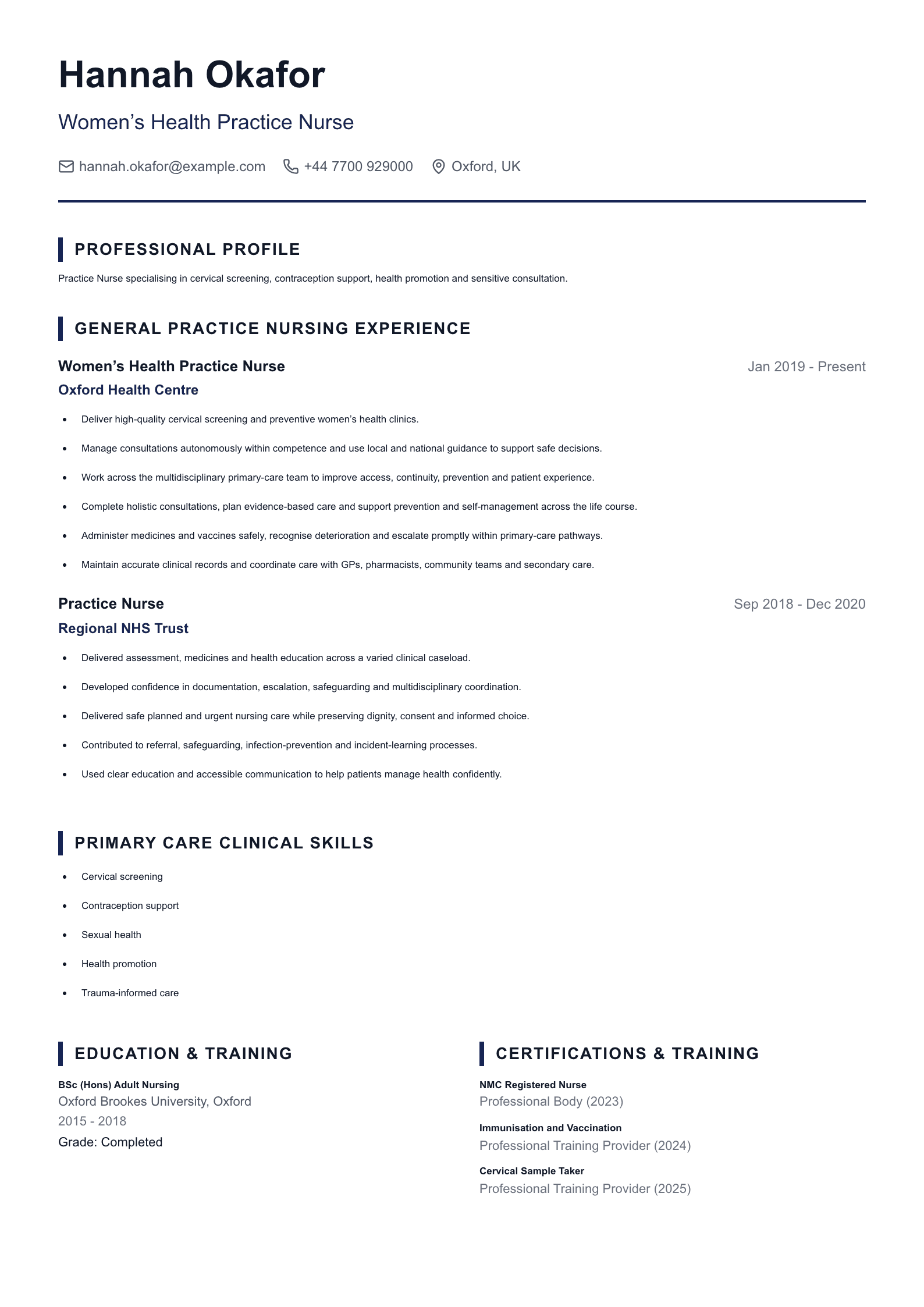 Women’s Health Practice Nurse CV template