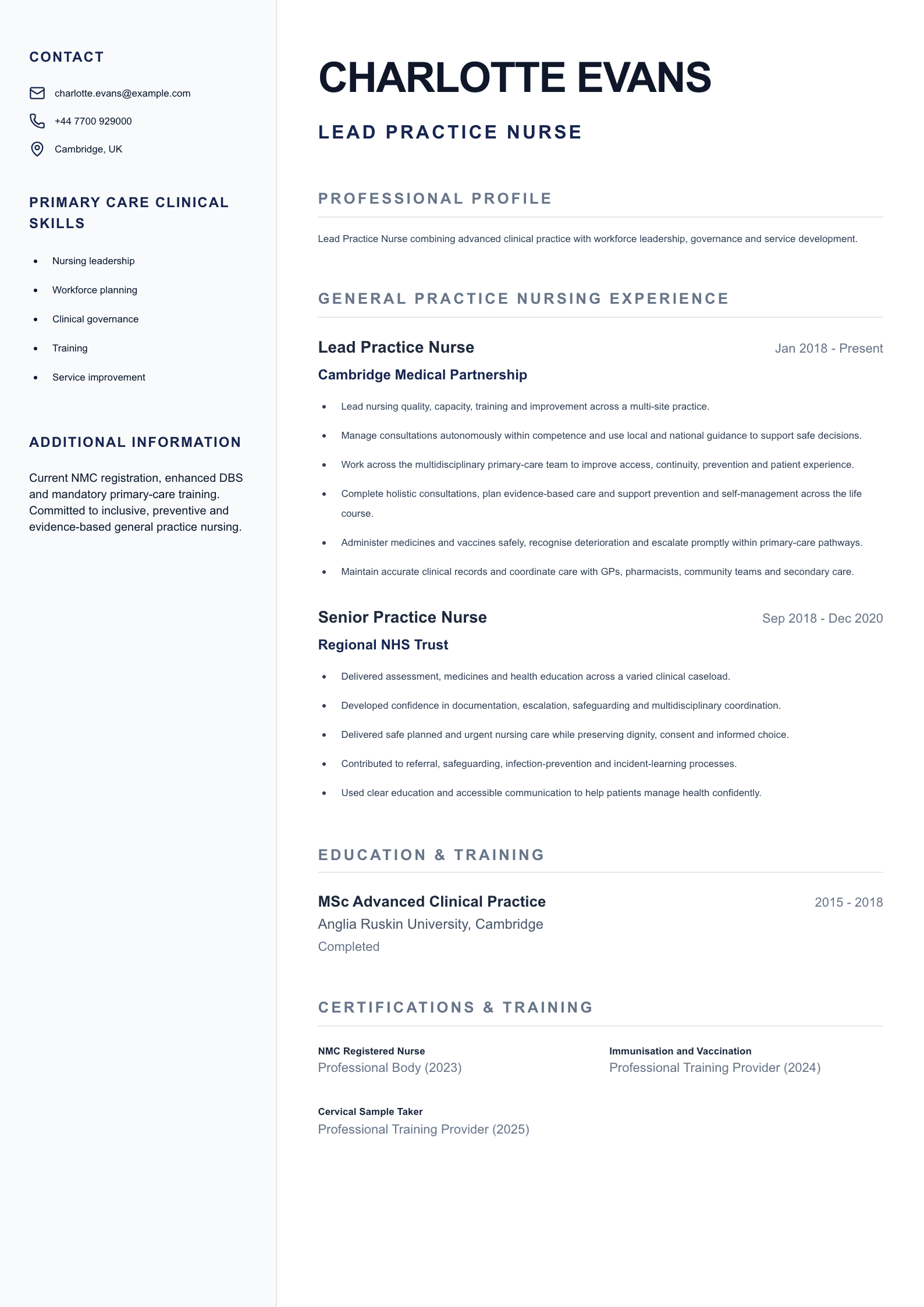 Lead Practice Nurse CV template