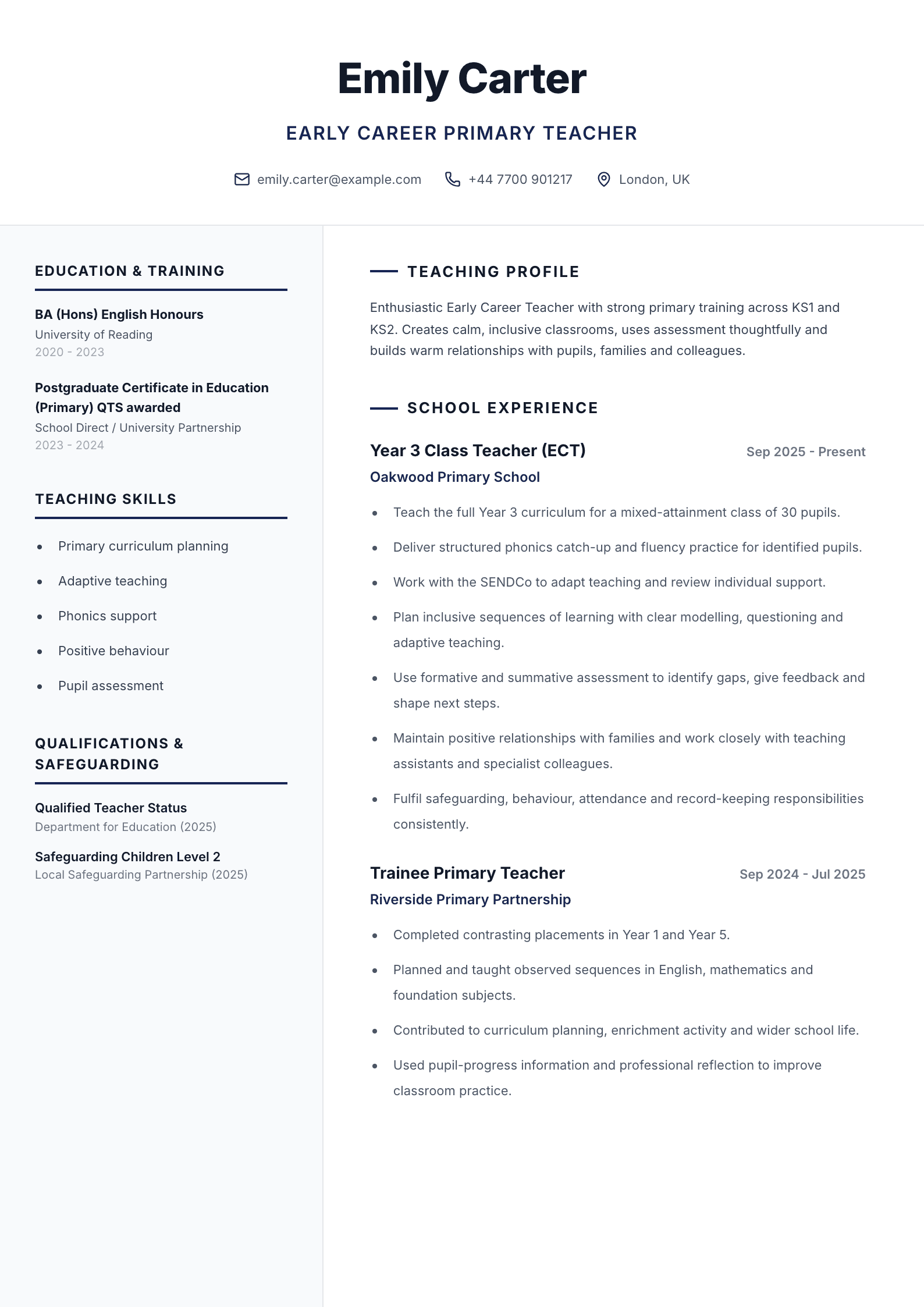 Early Career Primary Teacher CV template