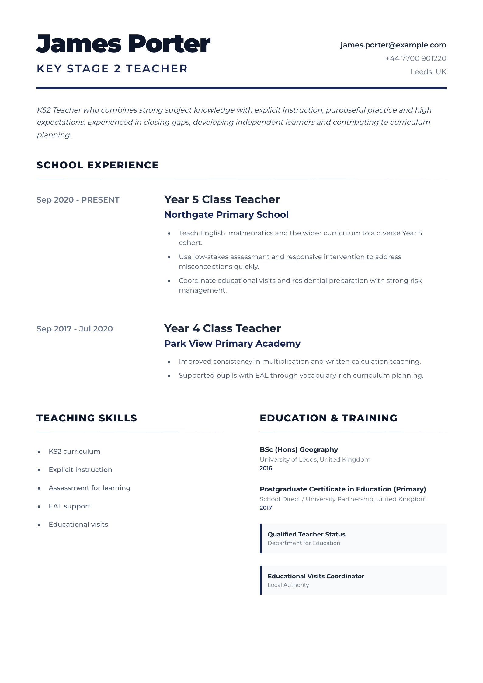 Key Stage 2 Teacher CV template