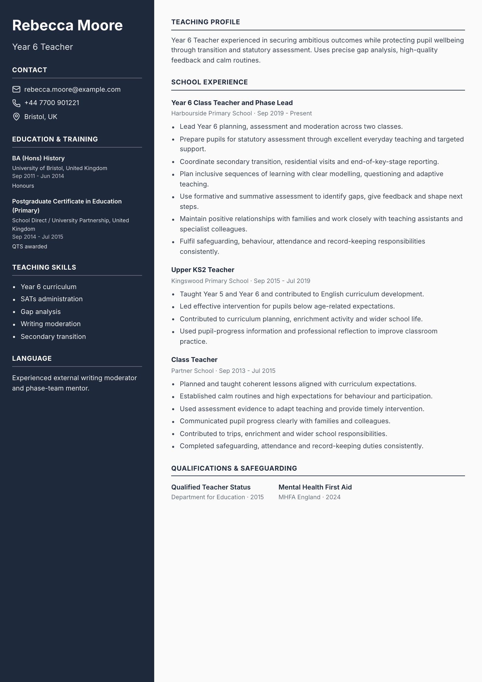 Year 6 Teacher CV template