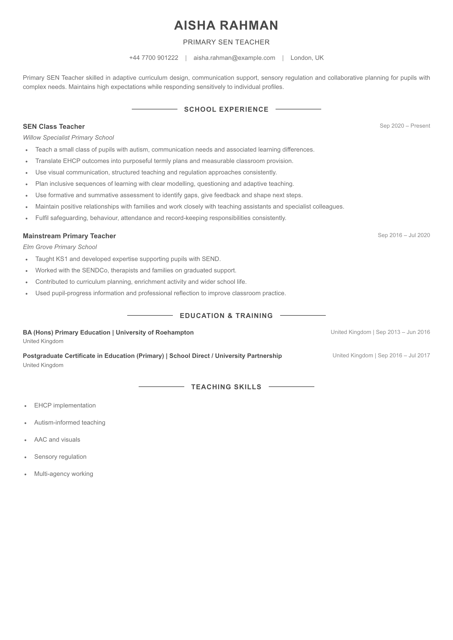 Primary SEN Teacher CV template