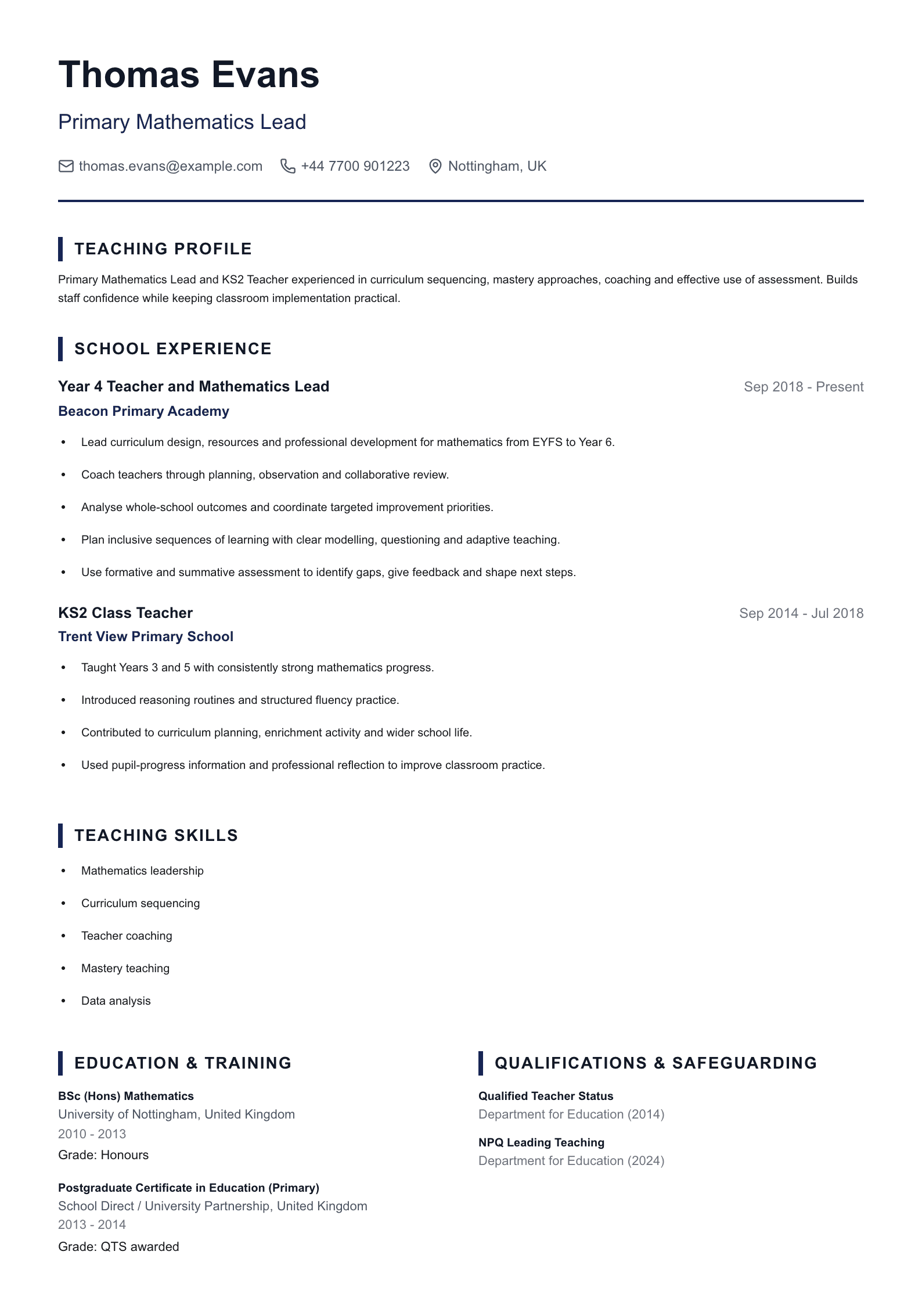 Primary Subject Lead CV template