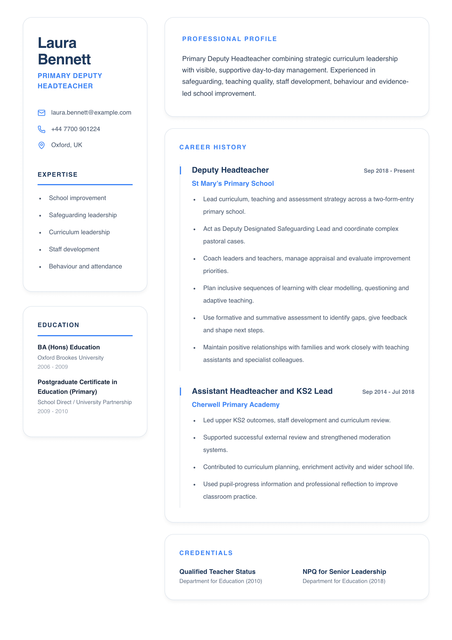 Primary Deputy Headteacher CV template