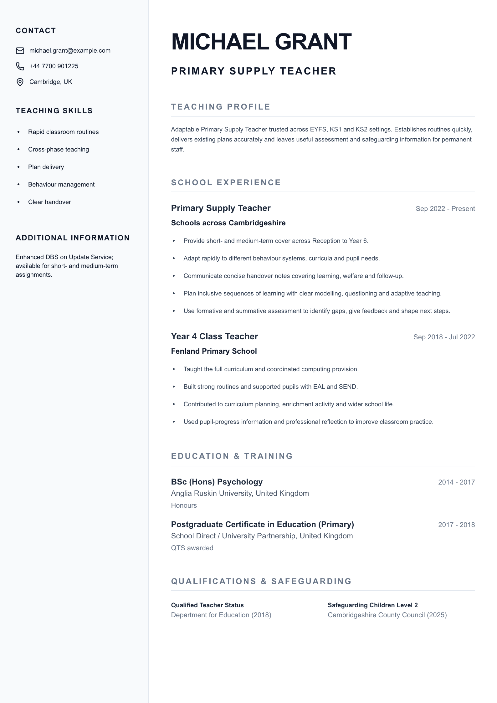 Primary Supply Teacher CV template