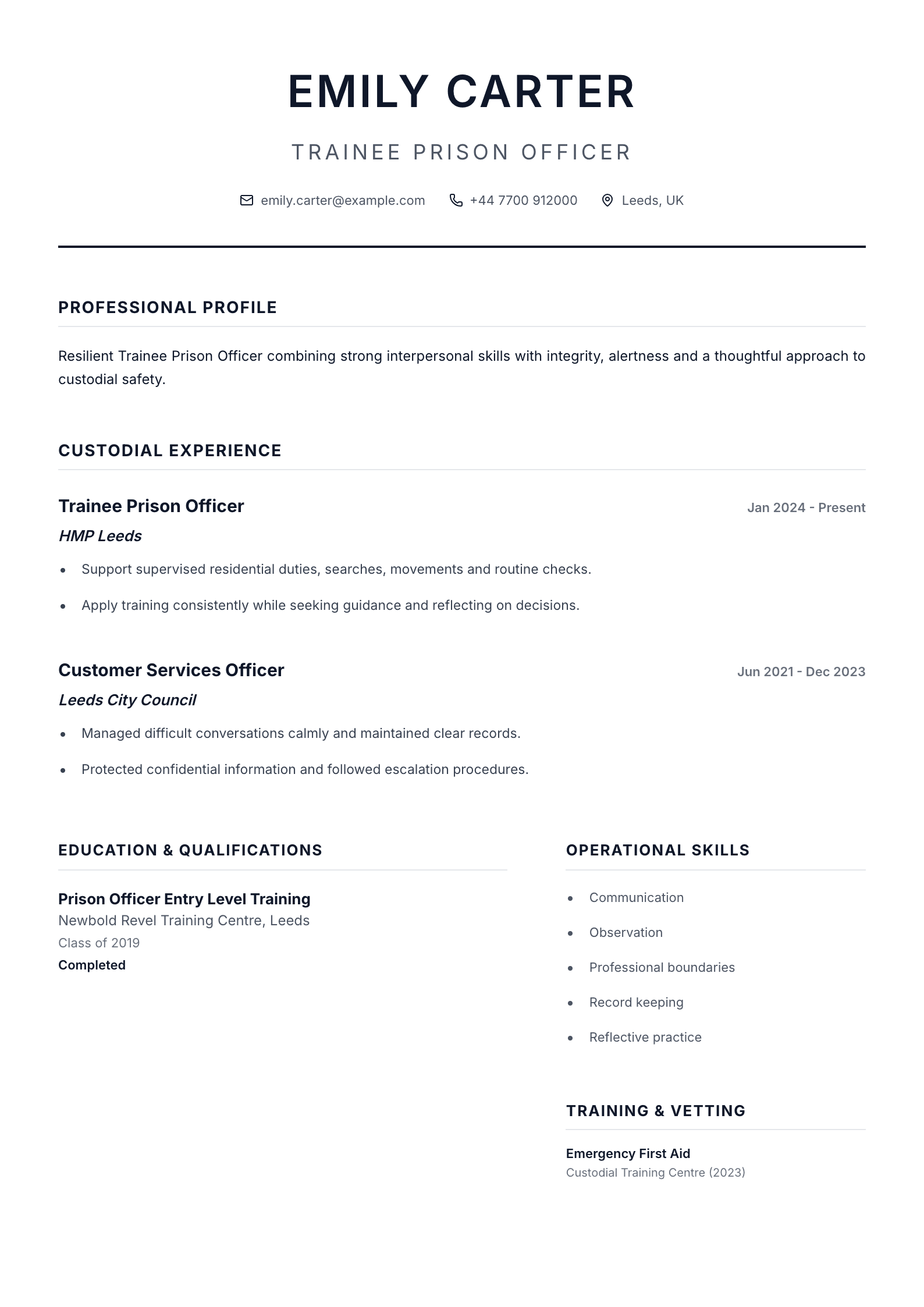 Trainee Prison Officer CV template