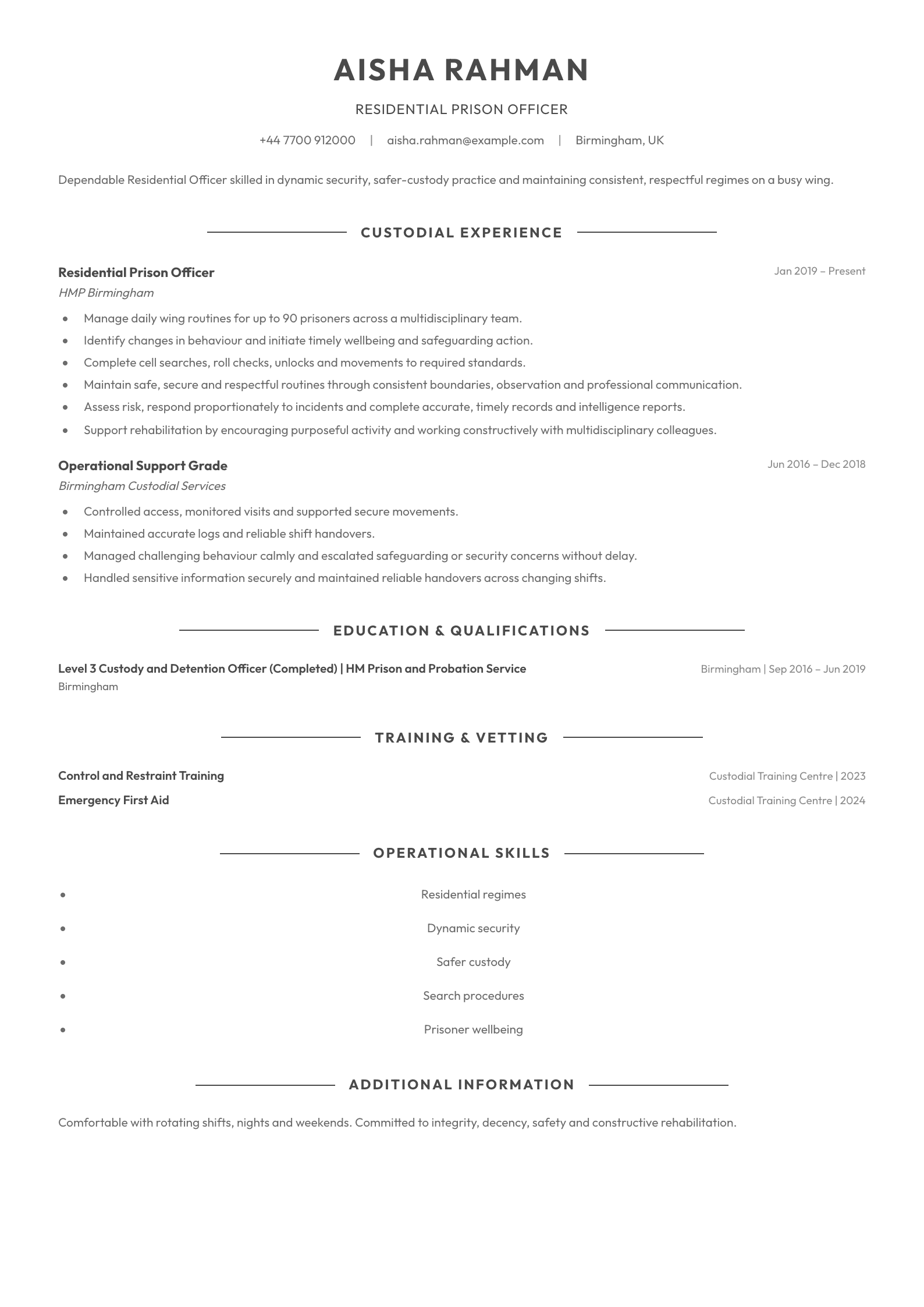 Residential Prison Officer CV template