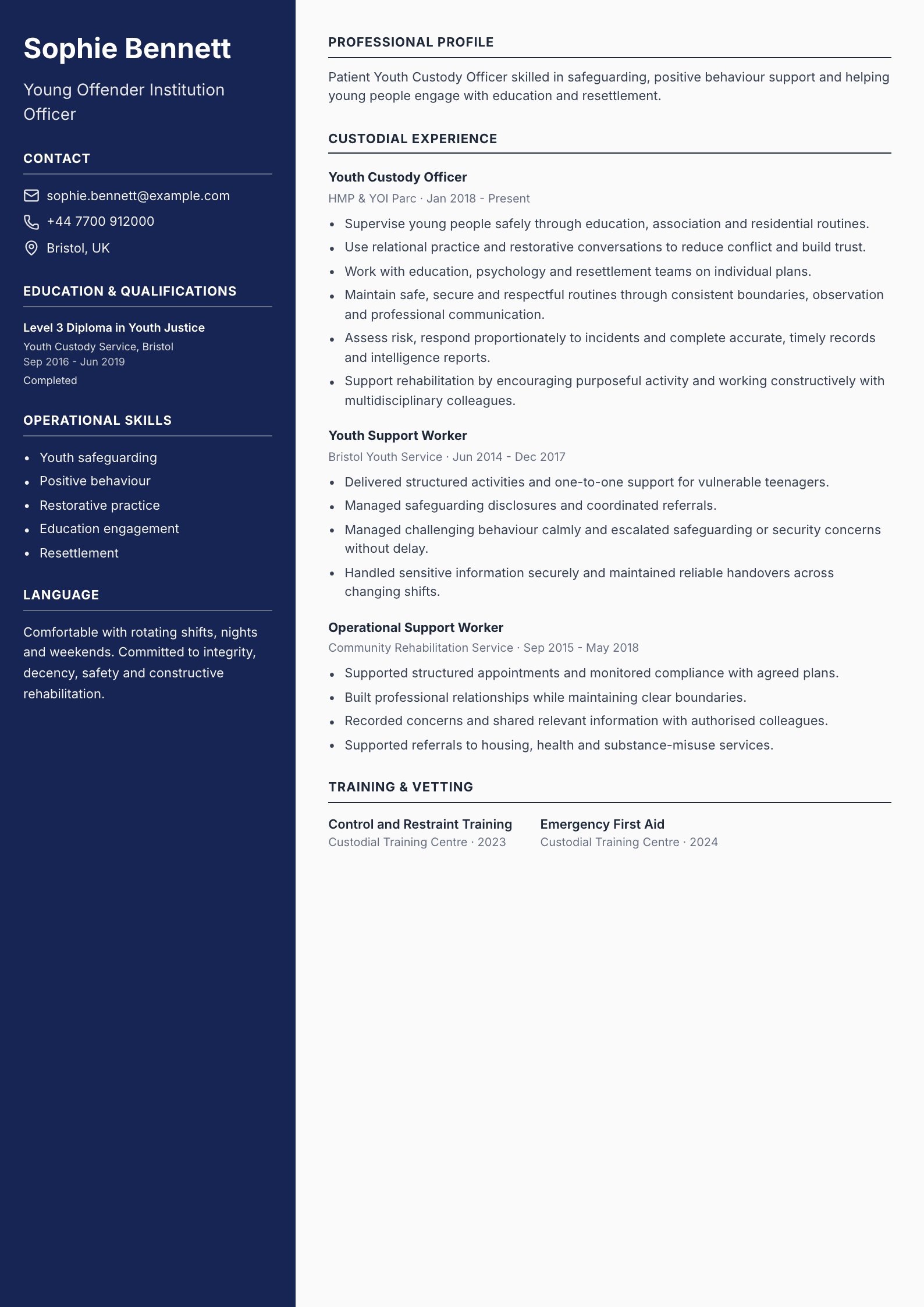 Youth Custody Officer CV template