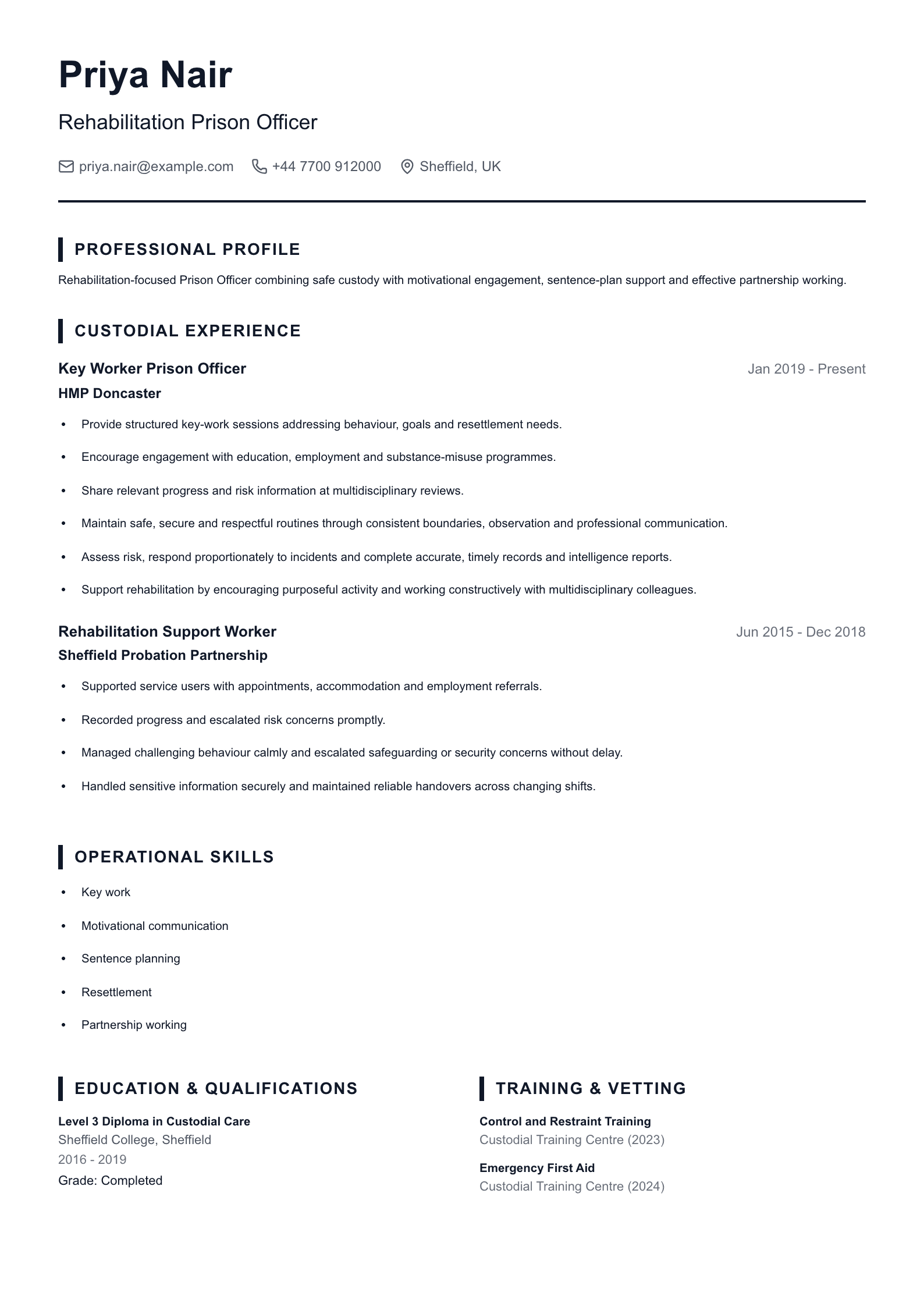 Rehabilitation Prison Officer CV template