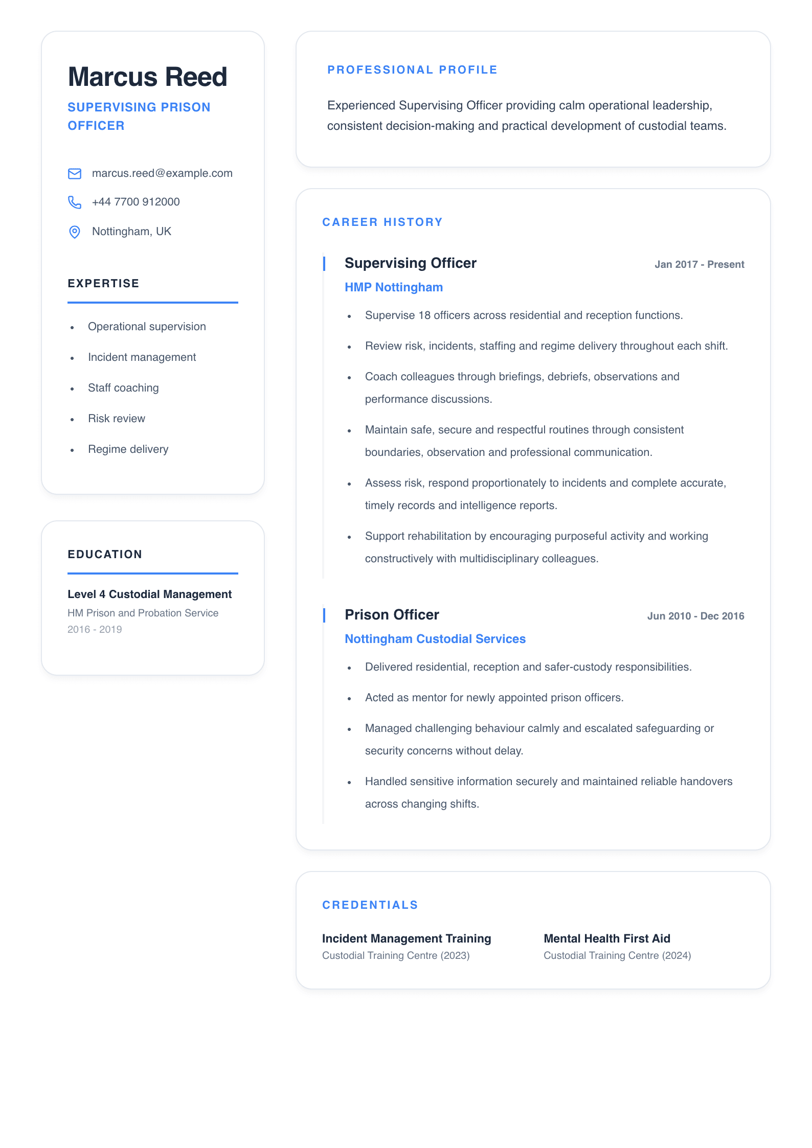 Supervising Prison Officer CV template