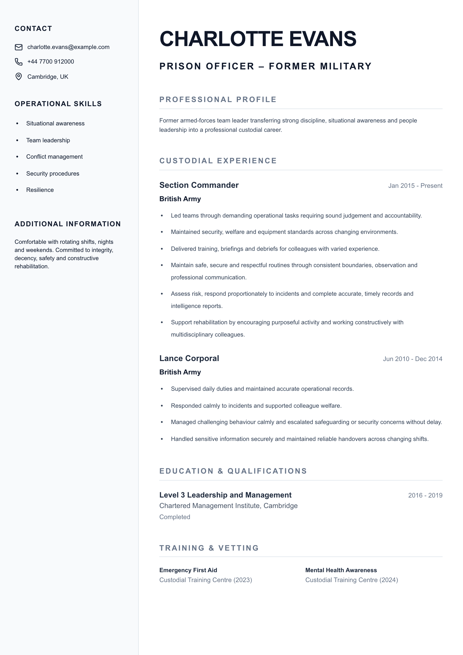 Prison Officer – Former Military CV template