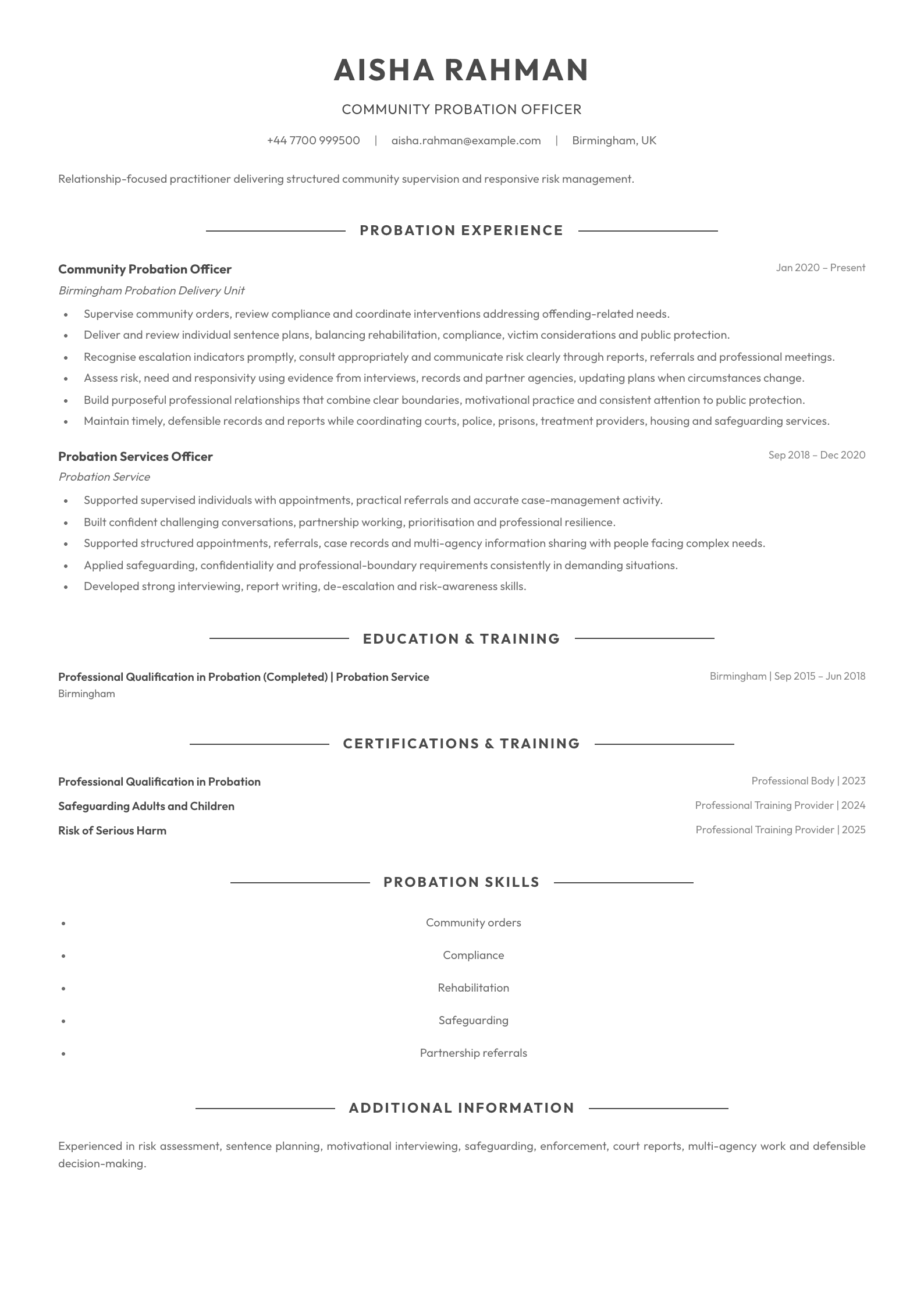 Community Probation Officer CV template
