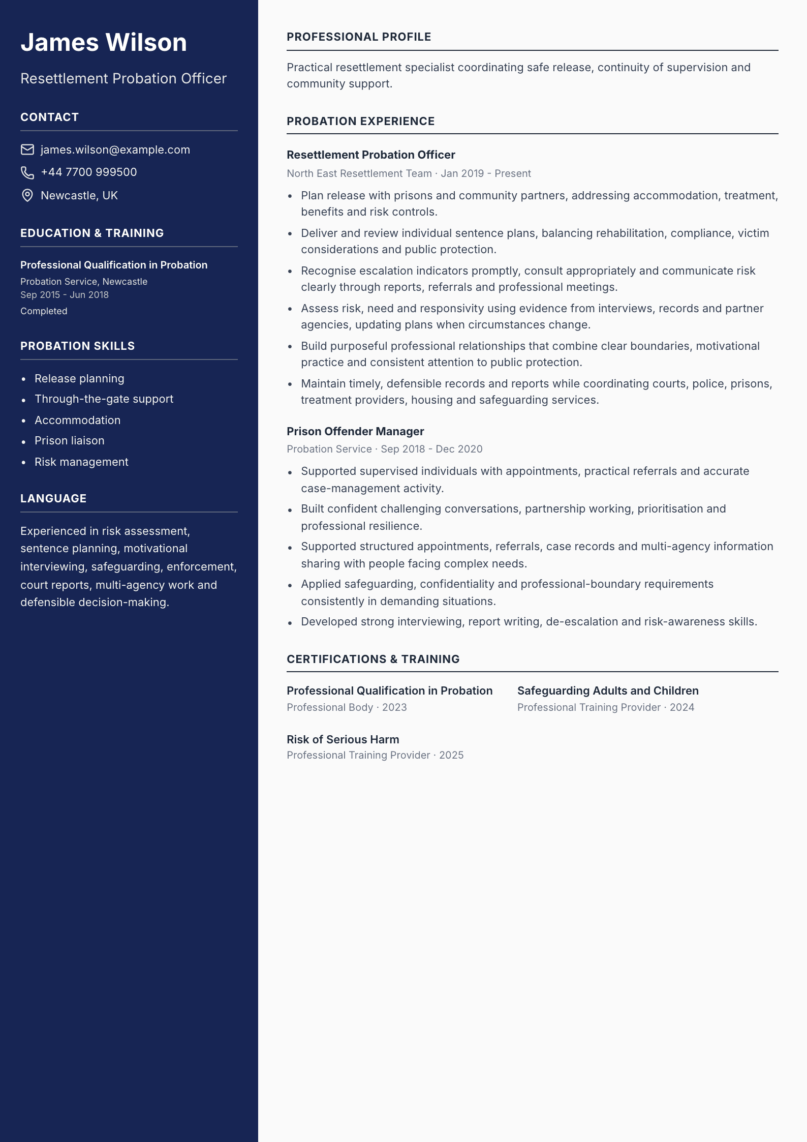 Resettlement Probation Officer CV template