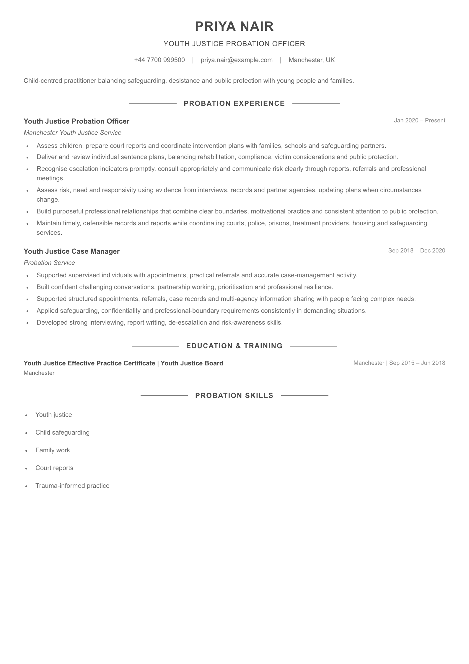Youth Justice Probation Officer CV template
