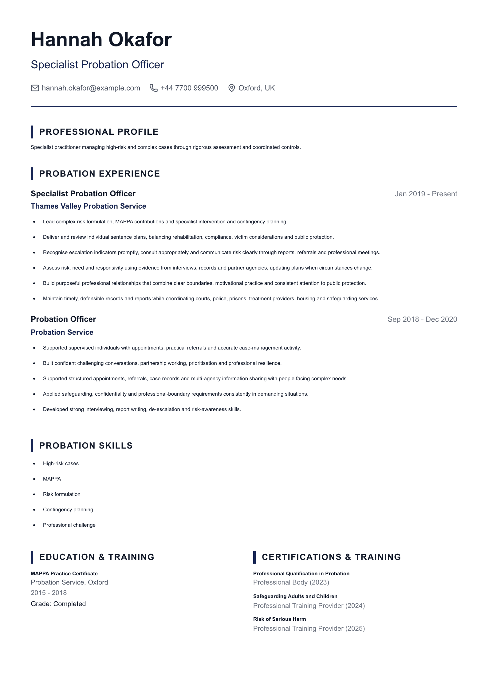 Specialist Probation Officer CV template