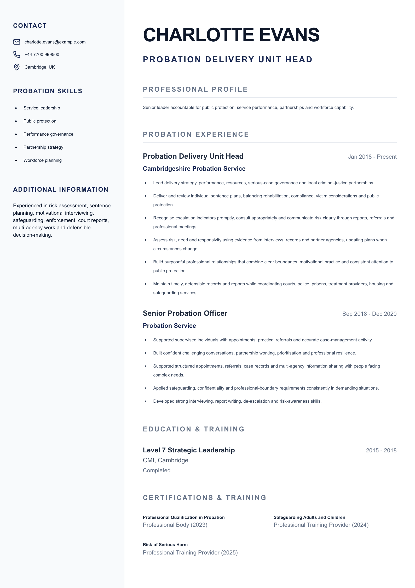 Probation Delivery Unit Head CV template