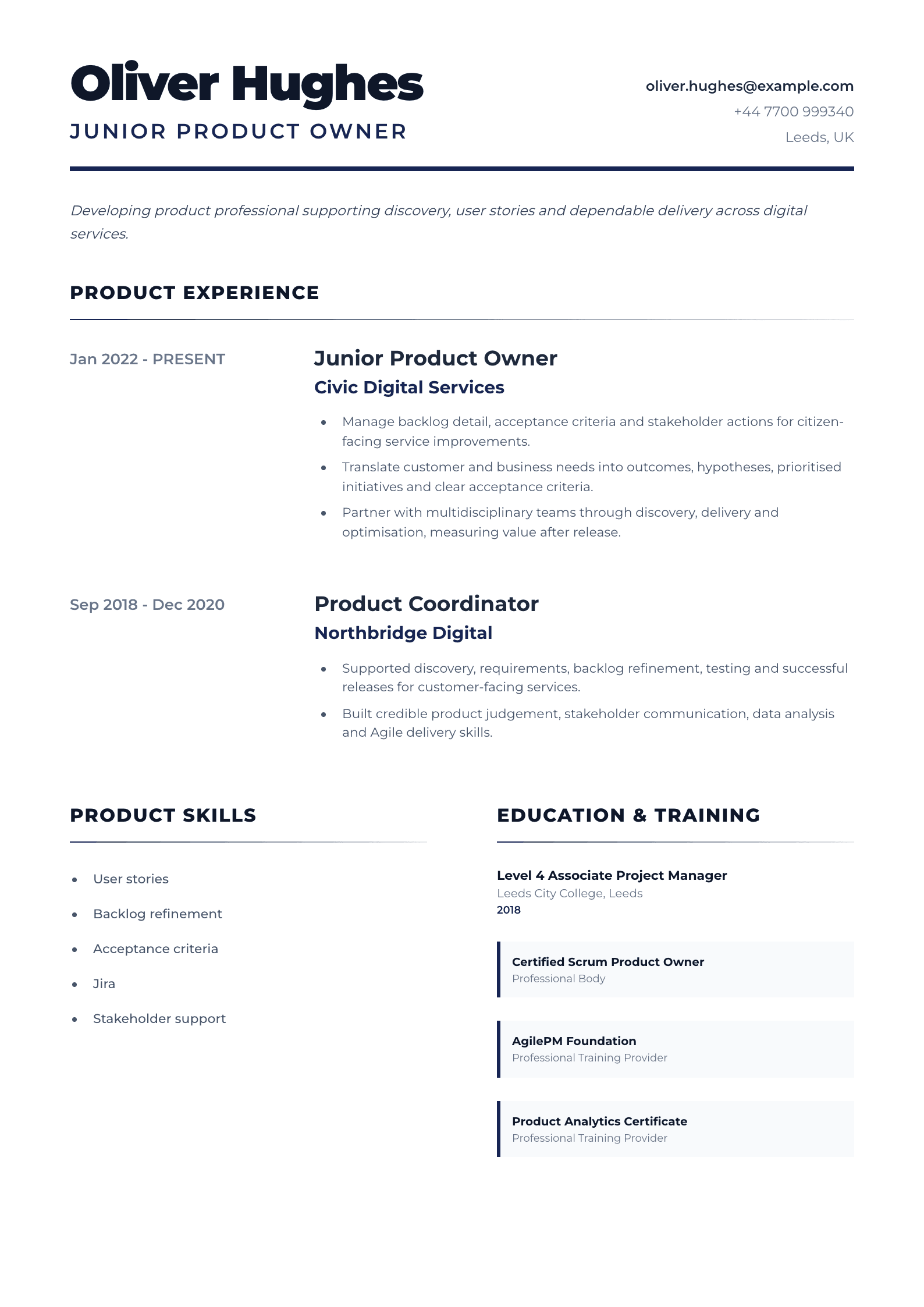 Junior Product Owner CV template