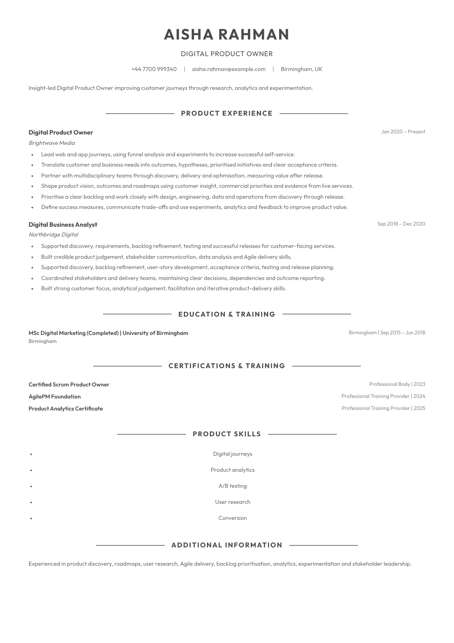 Digital Product Owner CV template