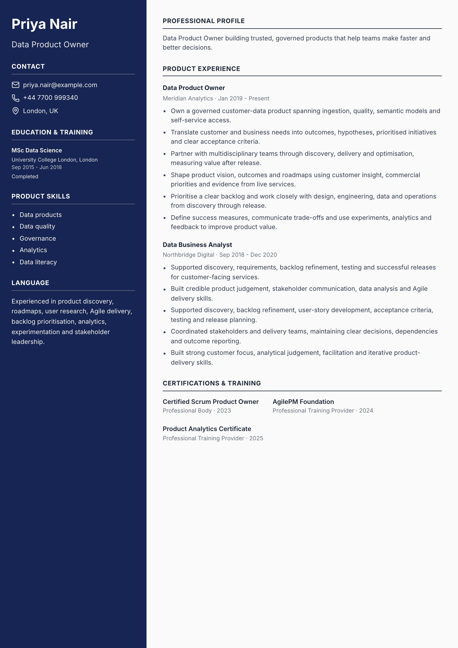 Data Product Owner CV template