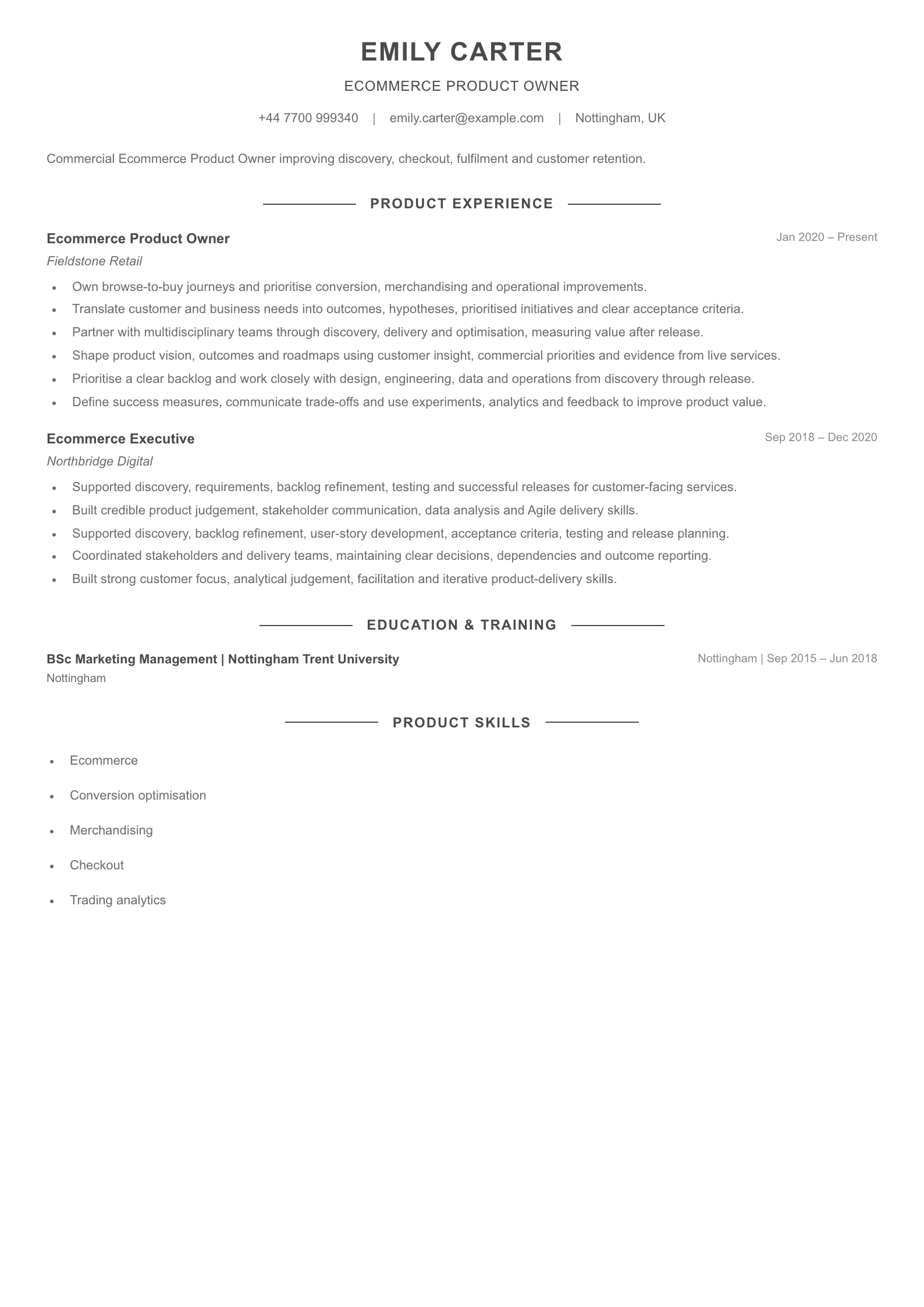 Ecommerce Product Owner CV template