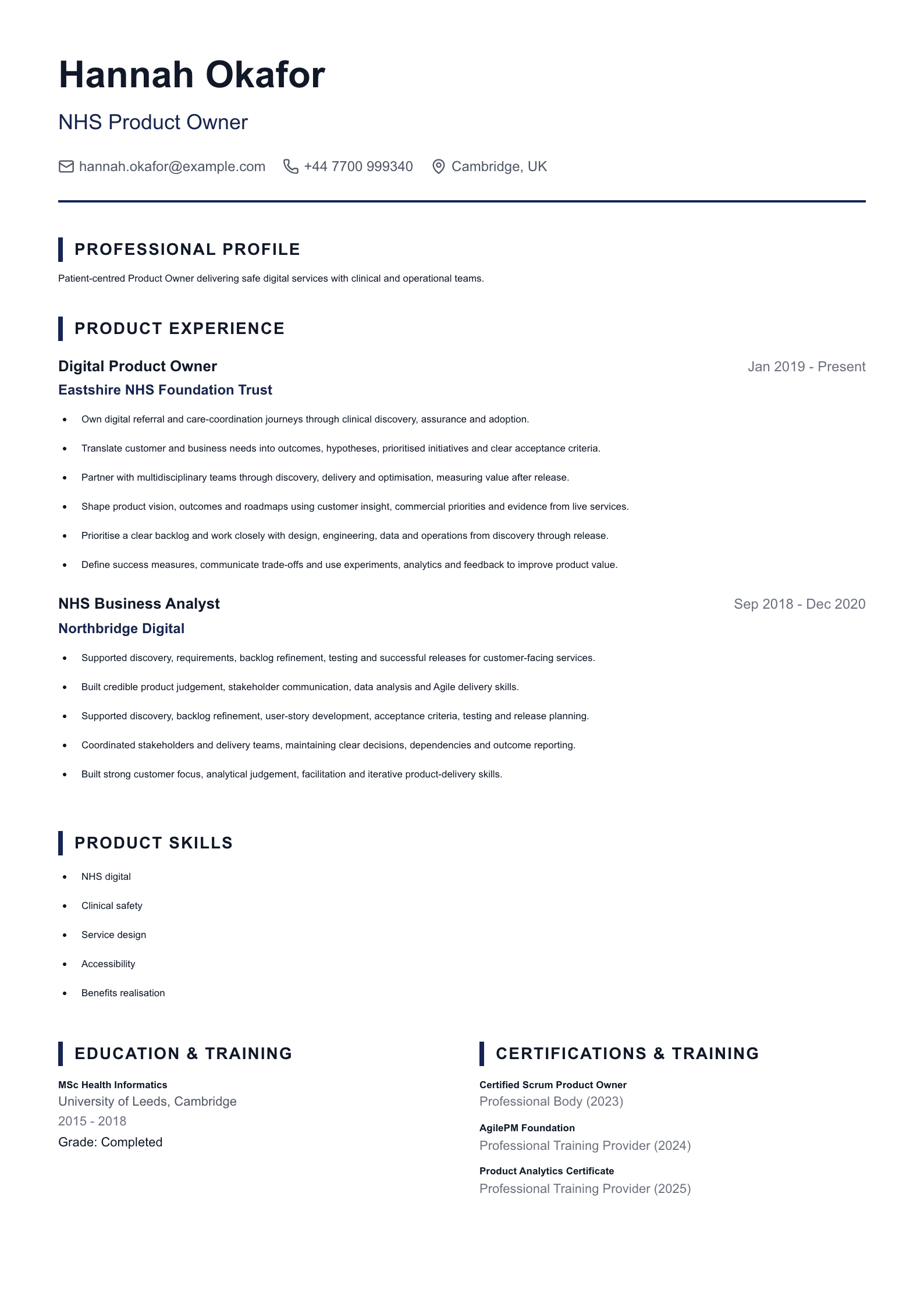 NHS Product Owner CV template
